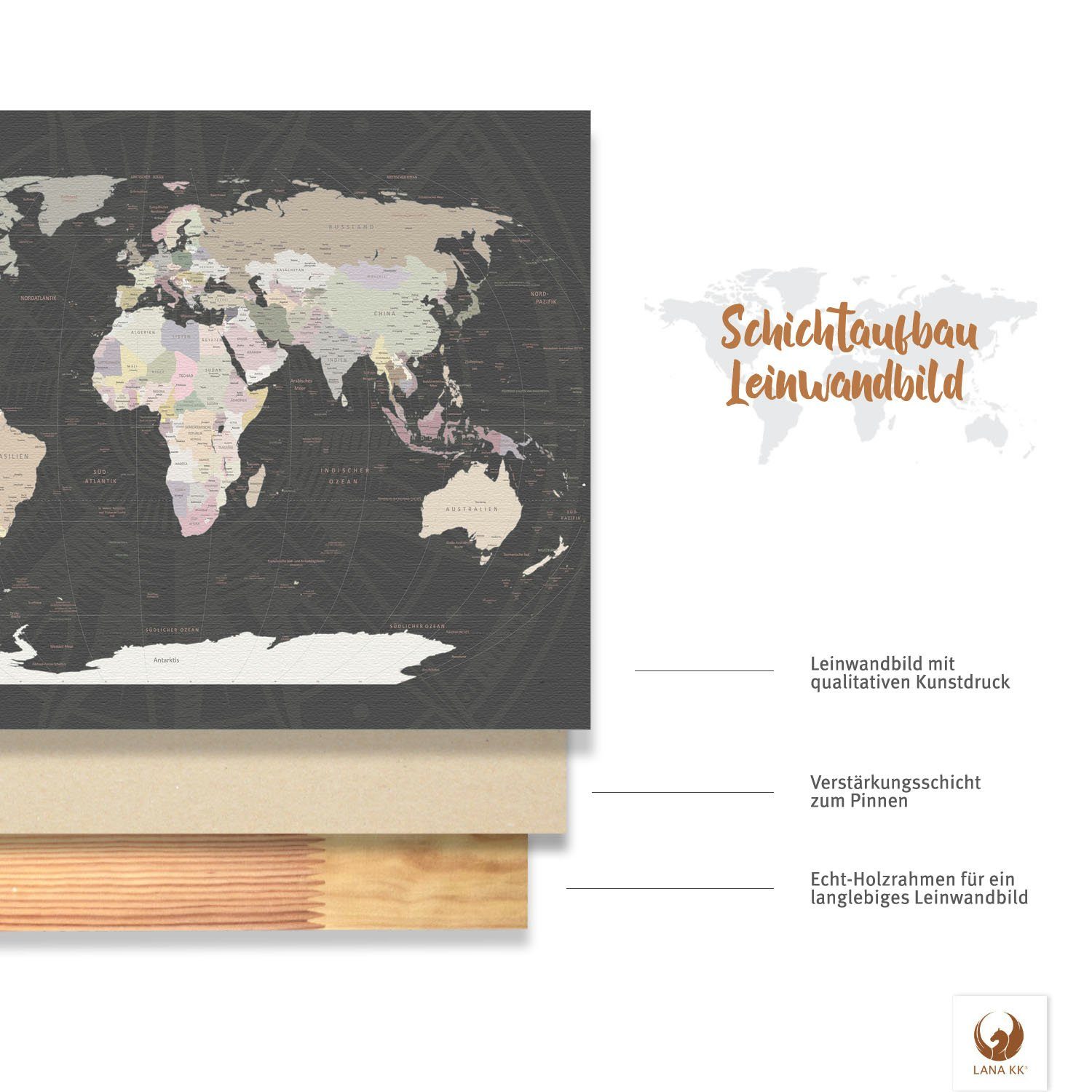 Weltkarte KK markieren Beschriftung Leinwandbild Grey Reisezielen, deutsche LANA von Pinnwand zum