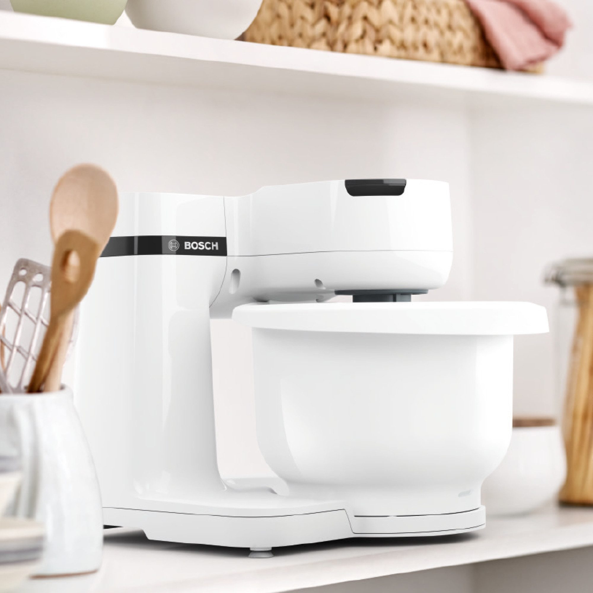 BOSCH Küchenmaschine Serie 2 MUMS2AW00, Kunstoffschüssel, weiß, 700 W, 3,8 l Schüssel, Planetenrührwerk, Knethaken/Schlag-/Rührbesen Edelstahl, 4 Stufen