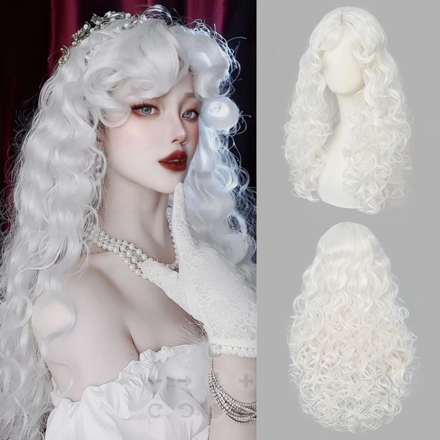 LuxusKollektion Kostüm-Perücke Perücke lang lockig Bangs Anime Cosplay synthetisch Faser Weiß