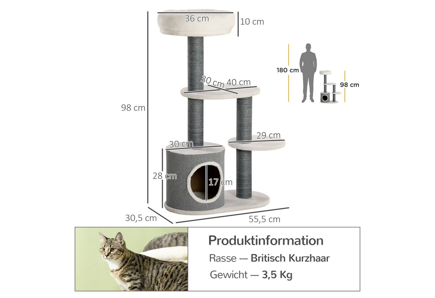 Thumbnail - MC Star Kratzbaum 98cm stabiler Katzenbaum mit Kratzbrett, Katzenhöhle & 3 Plattformen, graue und weiße Katzenmöbel