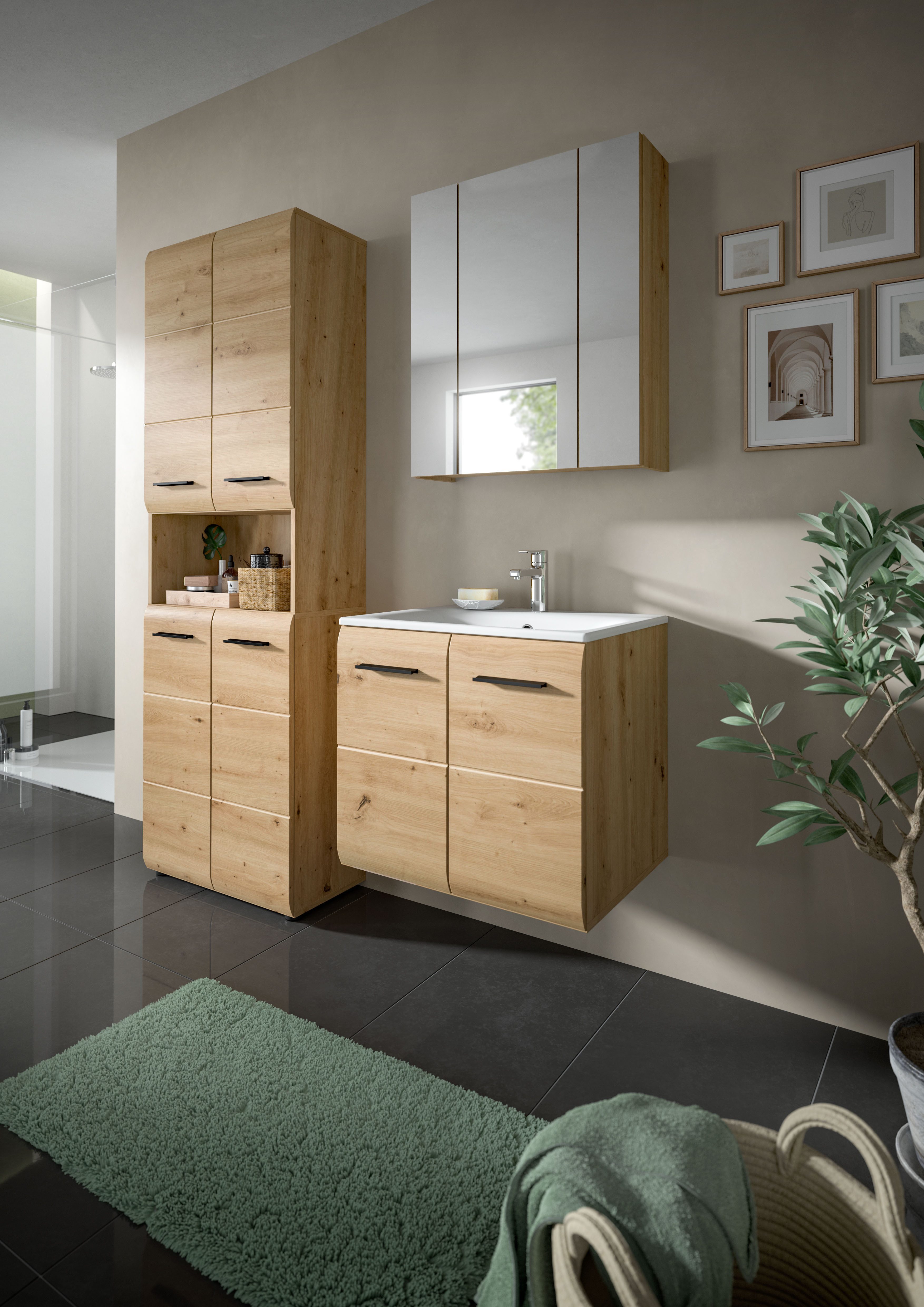 welltime Waschbeckenunterschrank FLORENZ, Breite 60 cm, inkl. Waschbecken, hängende Montage (2-St., TOPSELLER) hochwertige MDF Front, Griff schwarz, Badschrank, – Bild 5 von 5