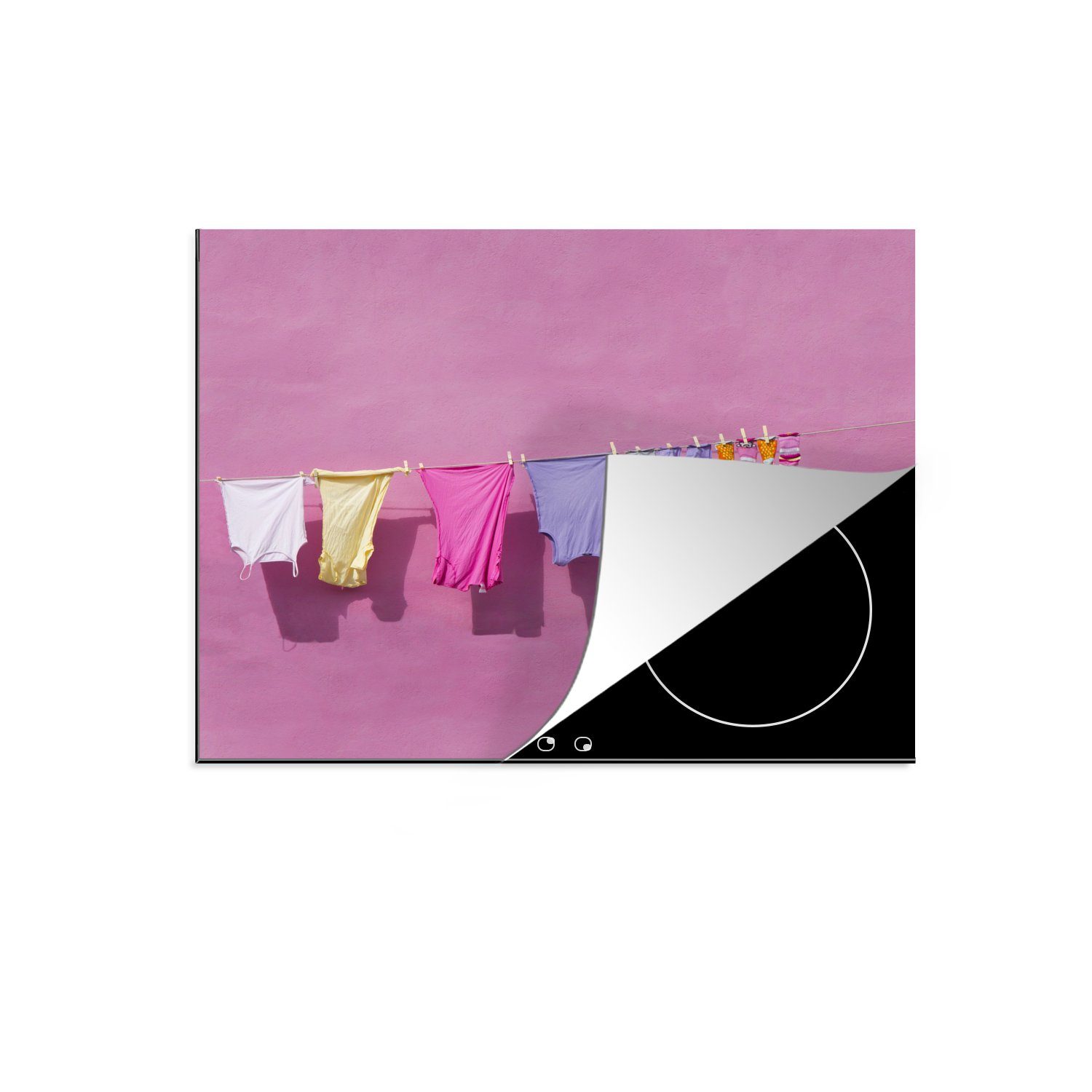 MuchoWow Herdblende-/Abdeckplatte Wäsche auf einer Wäscheleine für eine rosa Wand, Vinyl, (1 tlg), 57x51 cm, Induktionsschutz, Induktionskochfeld, Ceranfeldabdeckung