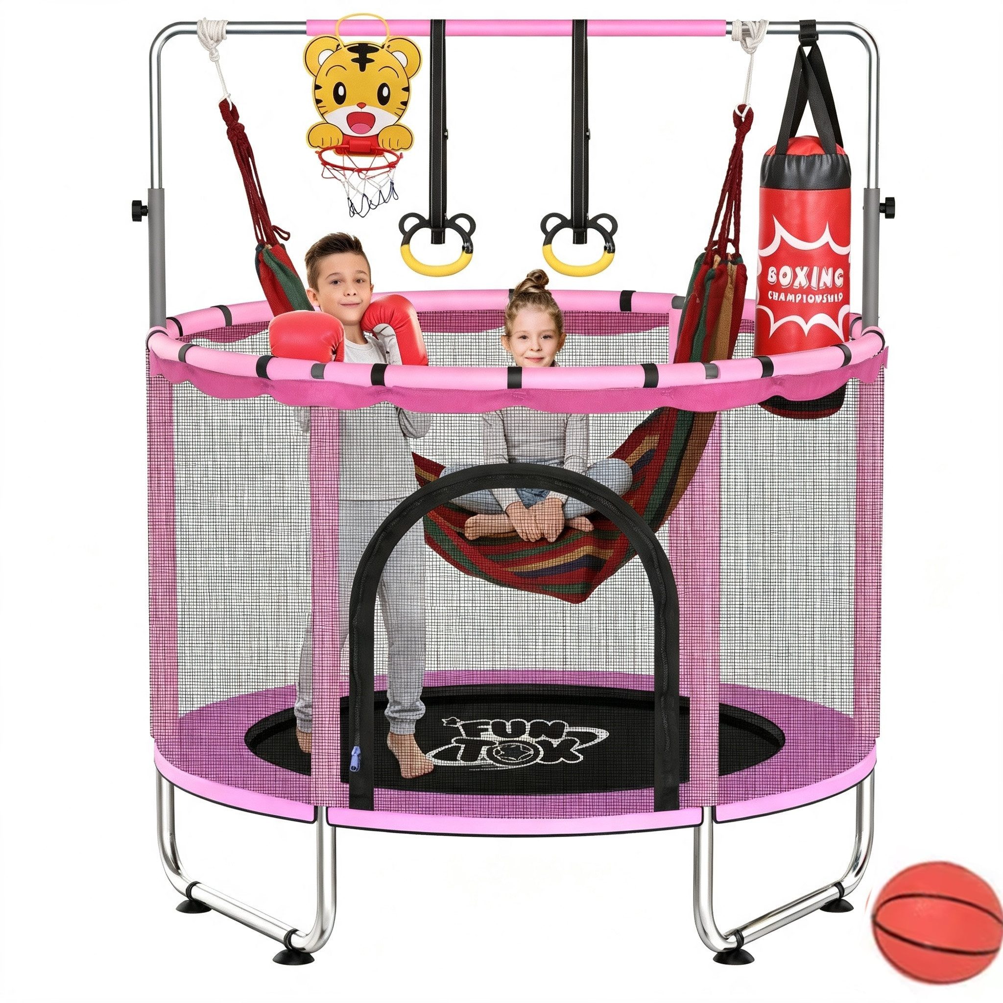 Insma Kindertrampolin Kinder Jumpingtrampolin Indoor Trampolin, Ø 140 cm, mit Sicherheitsnetz, Schaukel,Basketballkorb,Ring, Sandsack bis 200kg