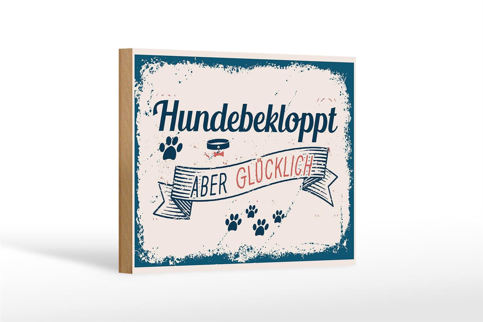 Holzbild Spruch 18x12 cm Hundebekloppt aber Glücklich blau