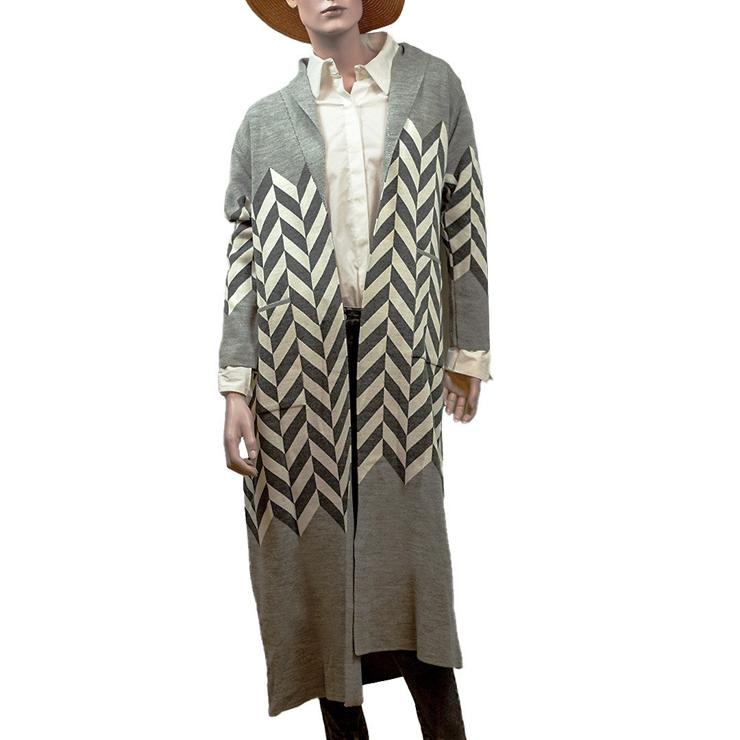 Hemdjacke Damen Strickjacke Lang – Schwarz und Beige