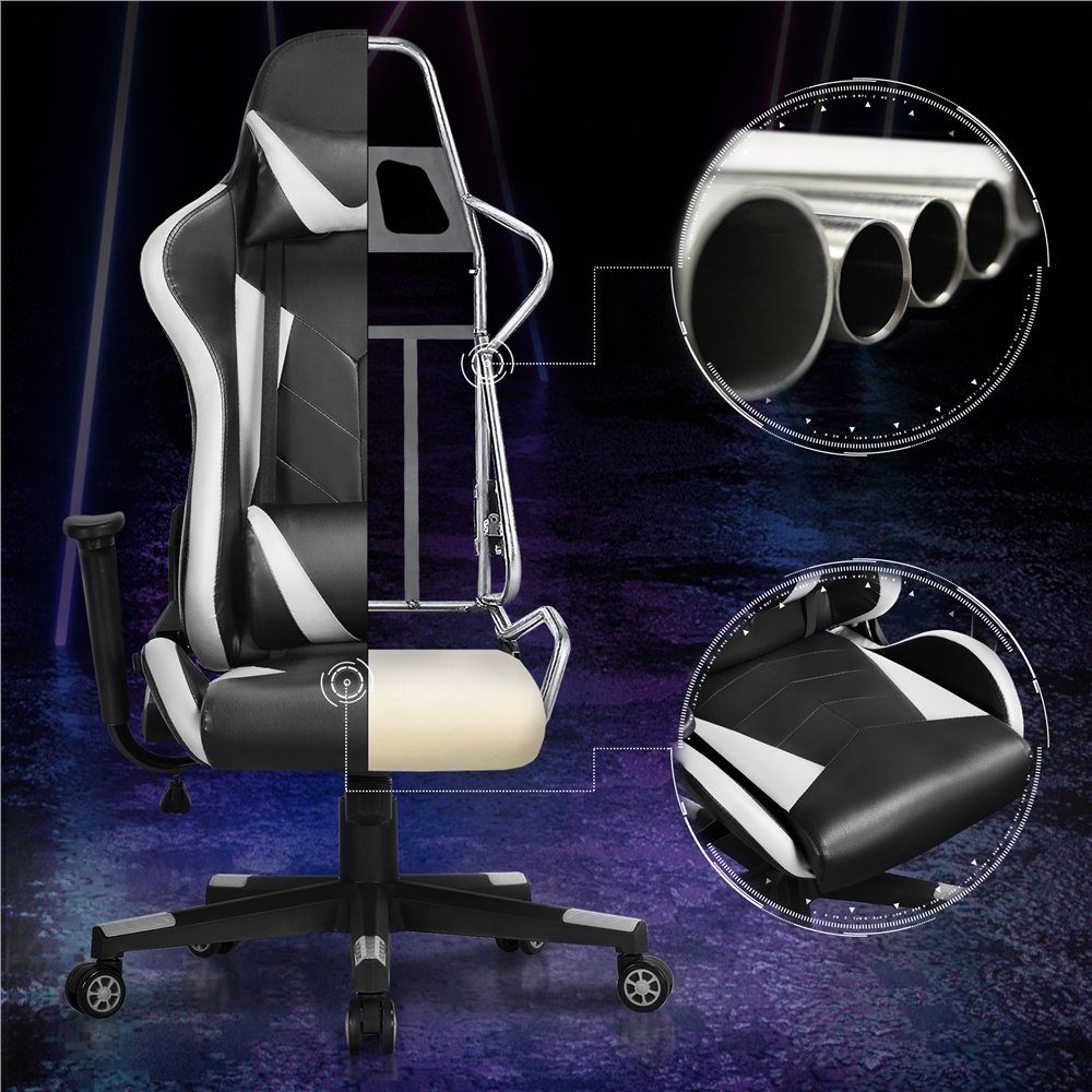 Design mit Weiß und / Yaheetech Schwarz Ergonomisches Kopfstütze Gaming-Stuhl, Lendenkissen