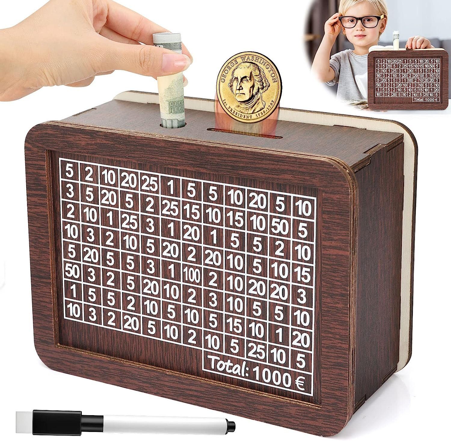 BlingBin Spardose Spardose Holz Sparbüchse SparBox mit Sparziel und Zahlen 1000€, (1Set, Euro /1000 €/ mit Marker Pen), für Kinder