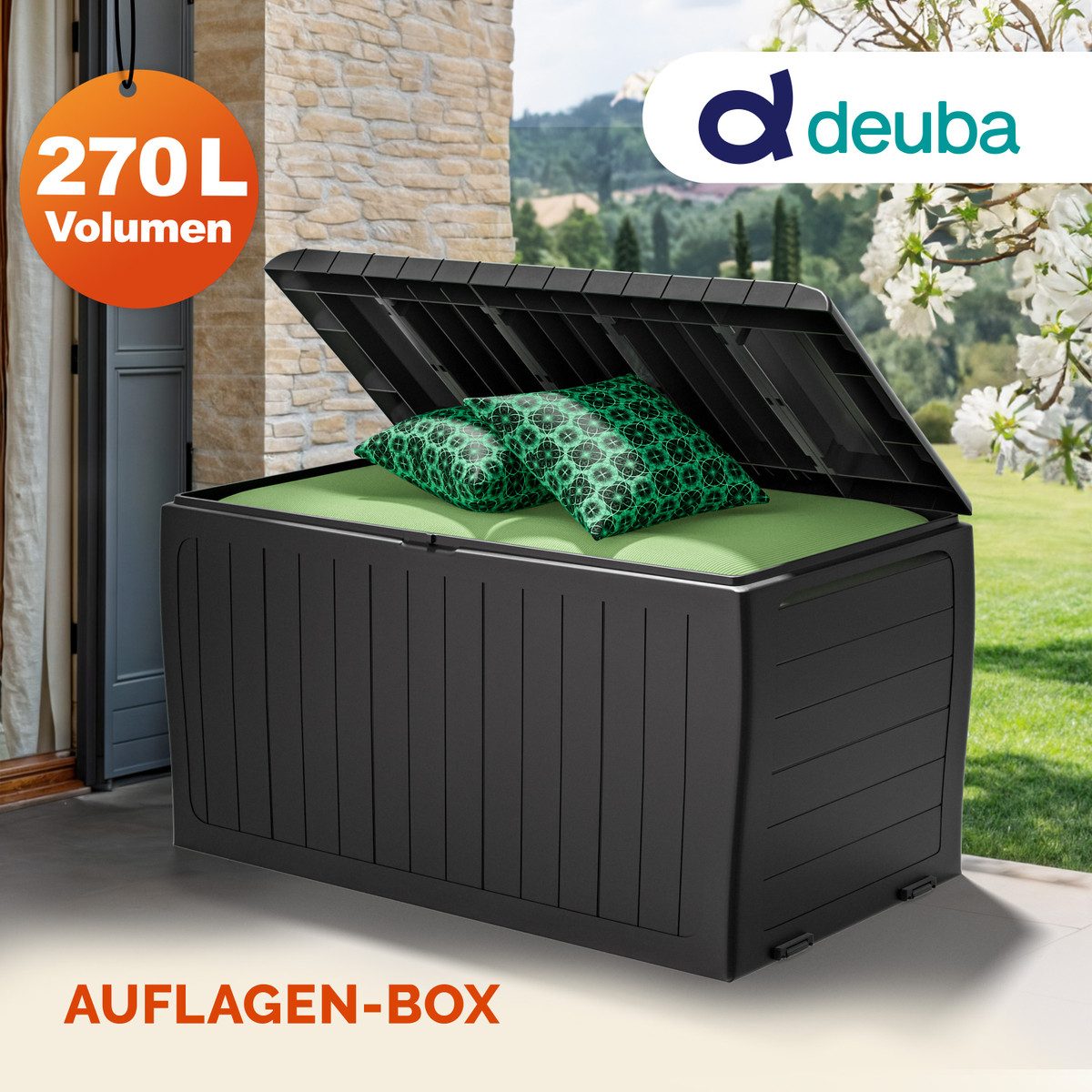Deuba Auflagenbox Marvel Plus, Auflagenbox 270L UV-beständig Haltegriffe Rollen Kissenbox Anthrazit
