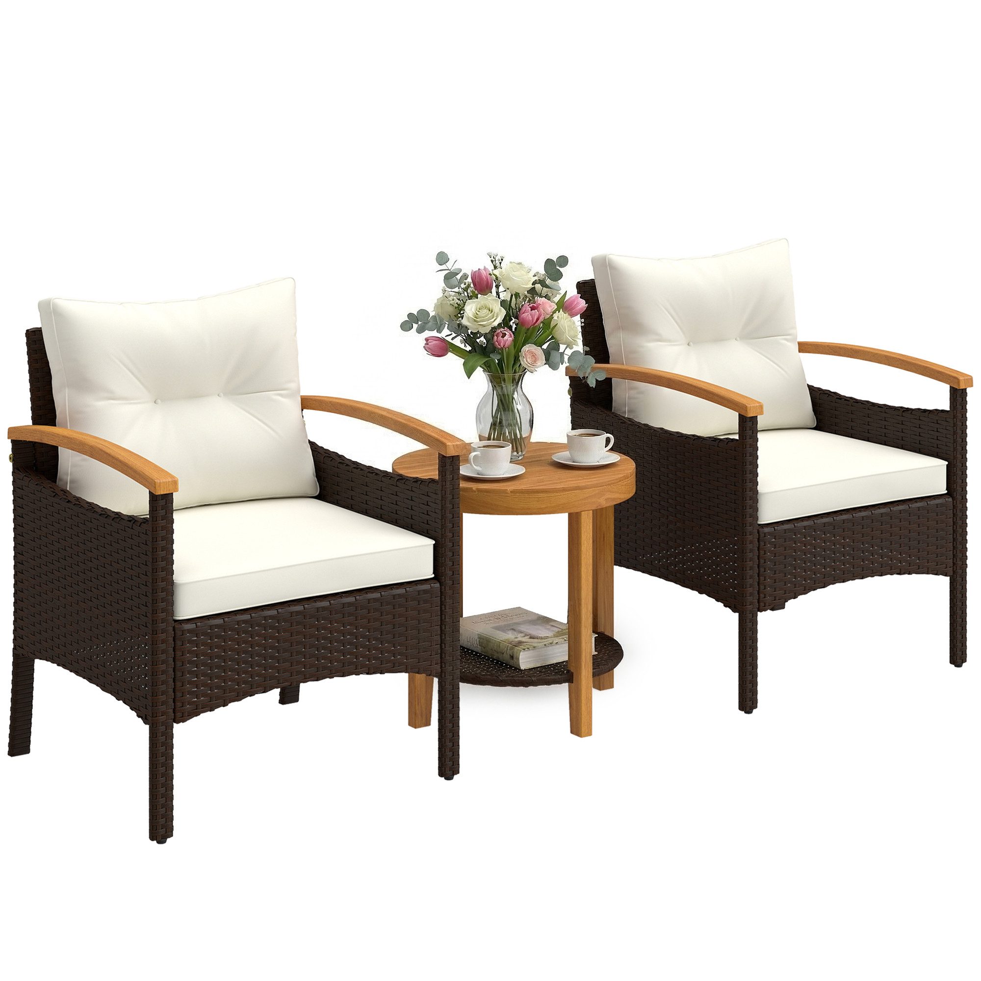 Outsunny Sitzgruppe mit 2 Sessel, 2-Ebene Holz Tisch & Armlehne, dicke waschbare Kissen, (Gartenmöbel-Set, 3-tlg., Rattan Bistroset), für Garten, Terrasse Cremeweiß