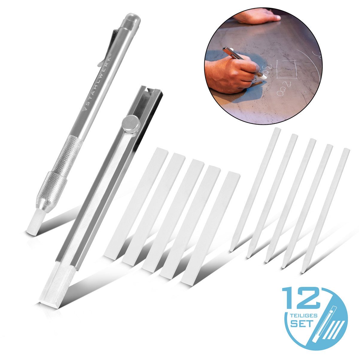 STAHLWERK Kreidemarker Schweißerkreide Set 12-teilig, Kreidehalter flach & rund aus Aluminium, Schweißer-Gripzangen inklusive Transportkoffer