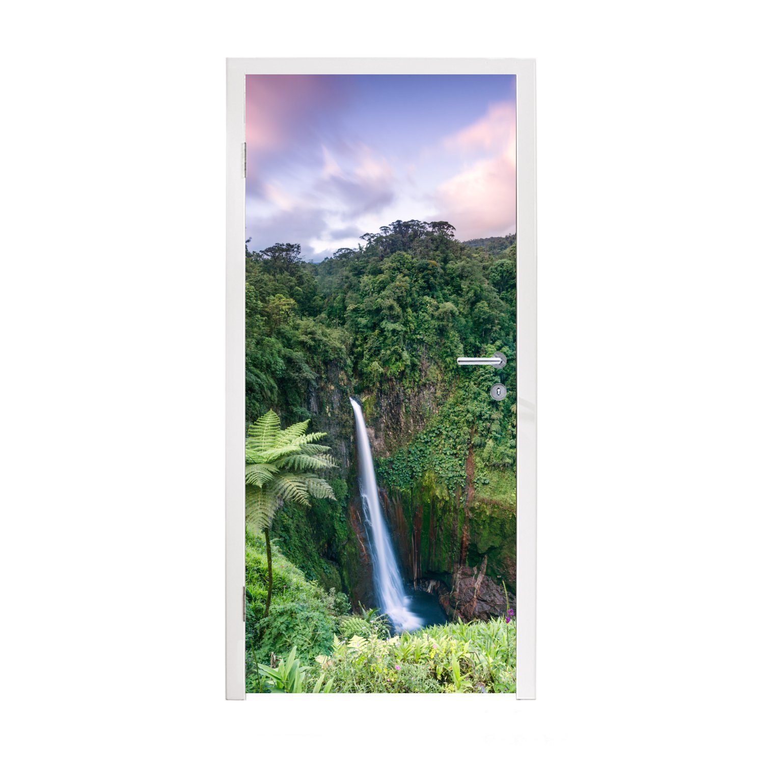 MuchoWow Türtapete Wasserfall - Sonnenuntergang - Dschungel, Matt, bedruckt, (1 St), Fototapete für Tür, Türaufkleber, 75x205 cm