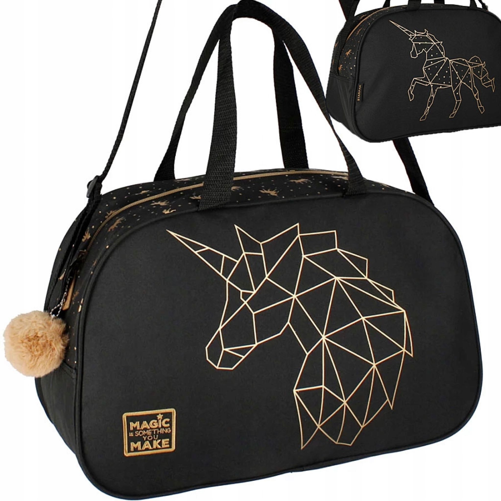 Starpak Sporttasche Schwarze, geräumige Sporttasche für Mädchen mit goldenem Einhornmotiv.