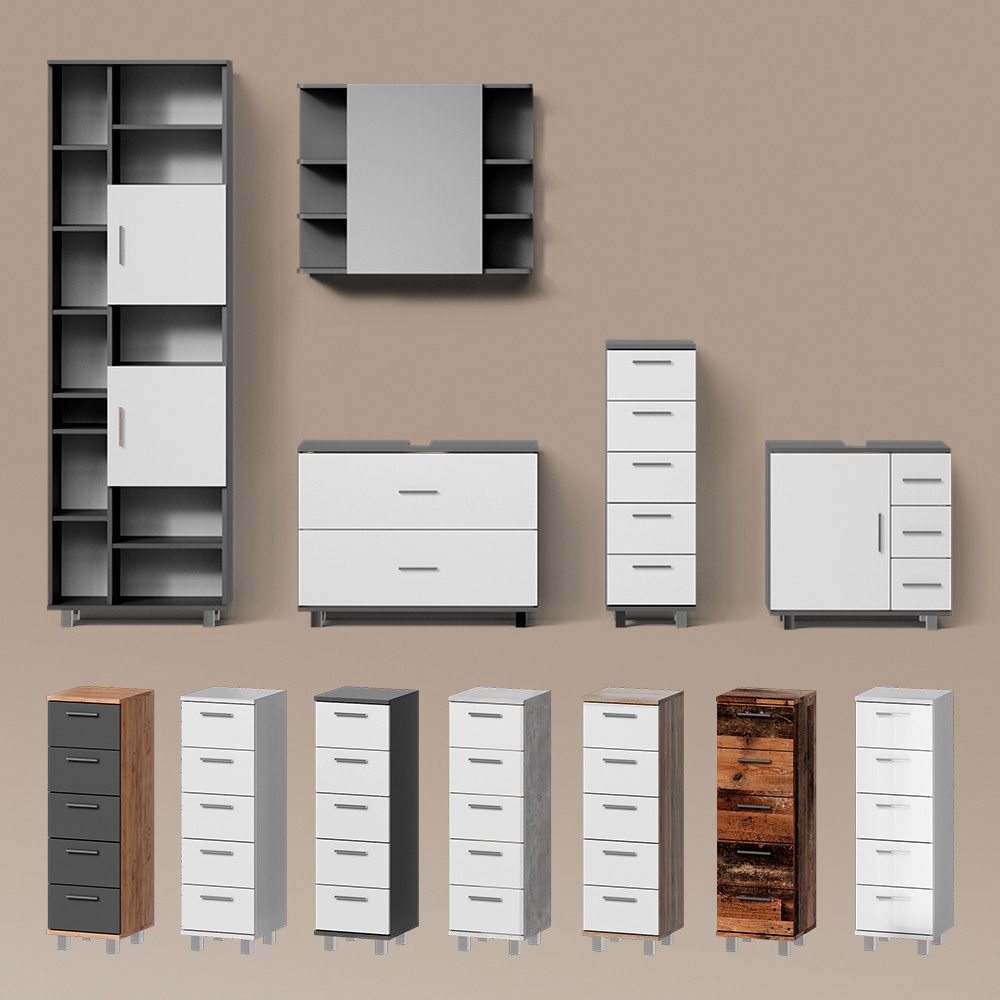 Livinity® Badmöbel-Set Eisak, Weiß, 3 Teile, mit Hochschrank, (3-St)