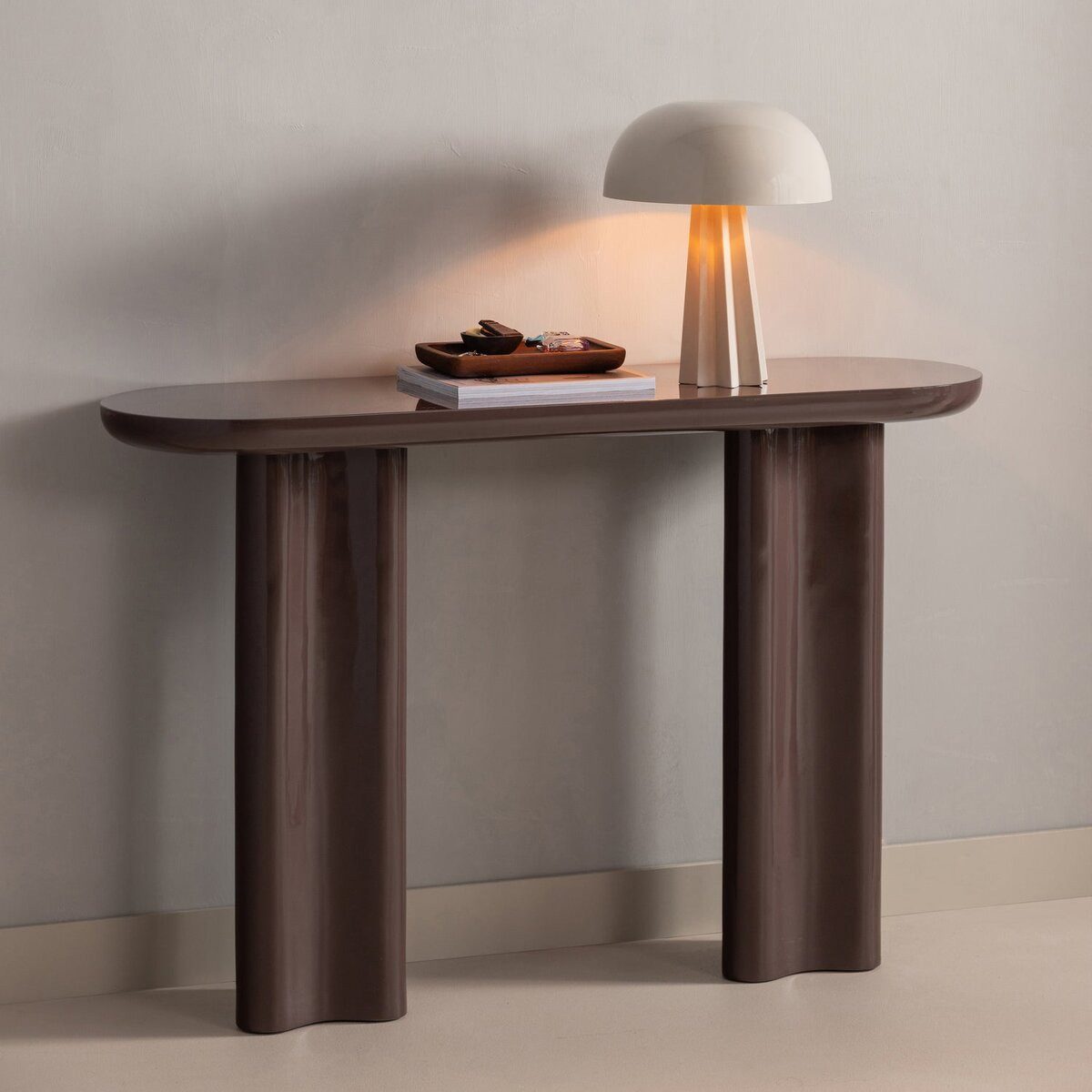 WOOOD Konsole / Schminktisch - Hochglanz-Finish Dunkelbraun, 120 cm, Verspieltes Bein, Holz mit Hochglanz