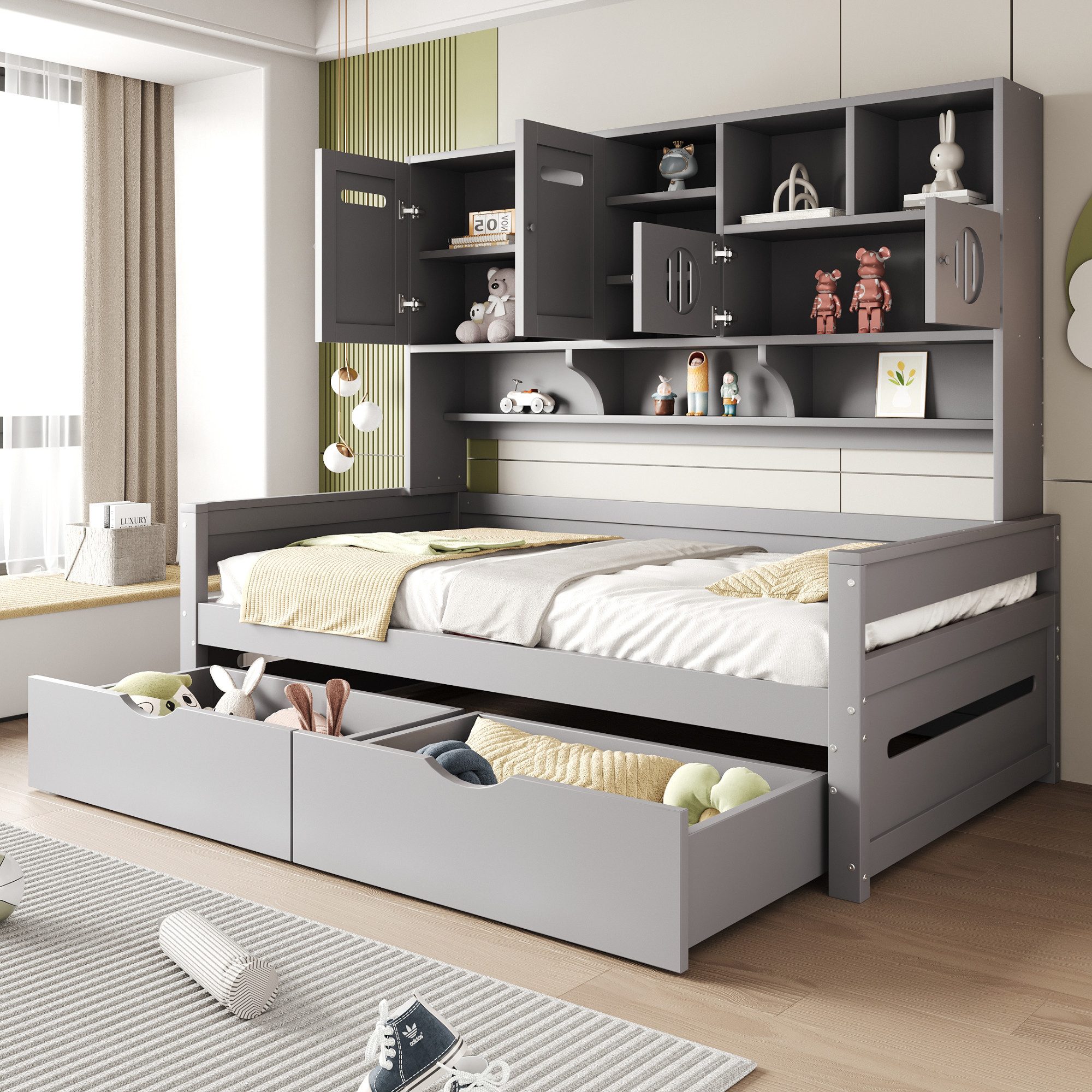 Flieks Massivholzbett, Einzelbett Kinderbett 90x200cm mit Staufächer und 2 Schubladen