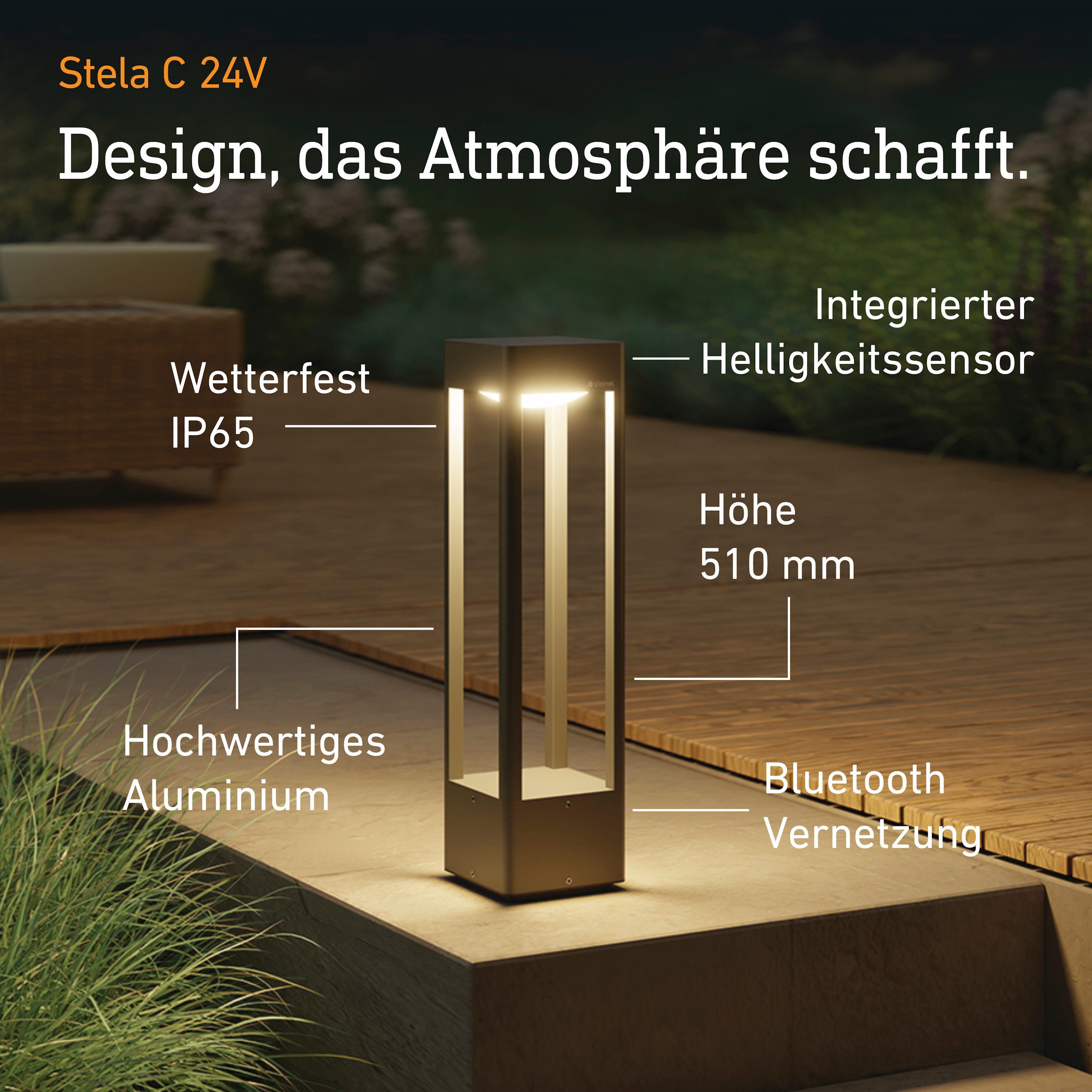 steinel Gartenleuchte Stela C 24V, LED fest integriert, RGBWW, 16 Mio. Farben, Dämmerungssensor, dimmbar, Zeitschaltuhr, App-Steuerung, Plug & Play
