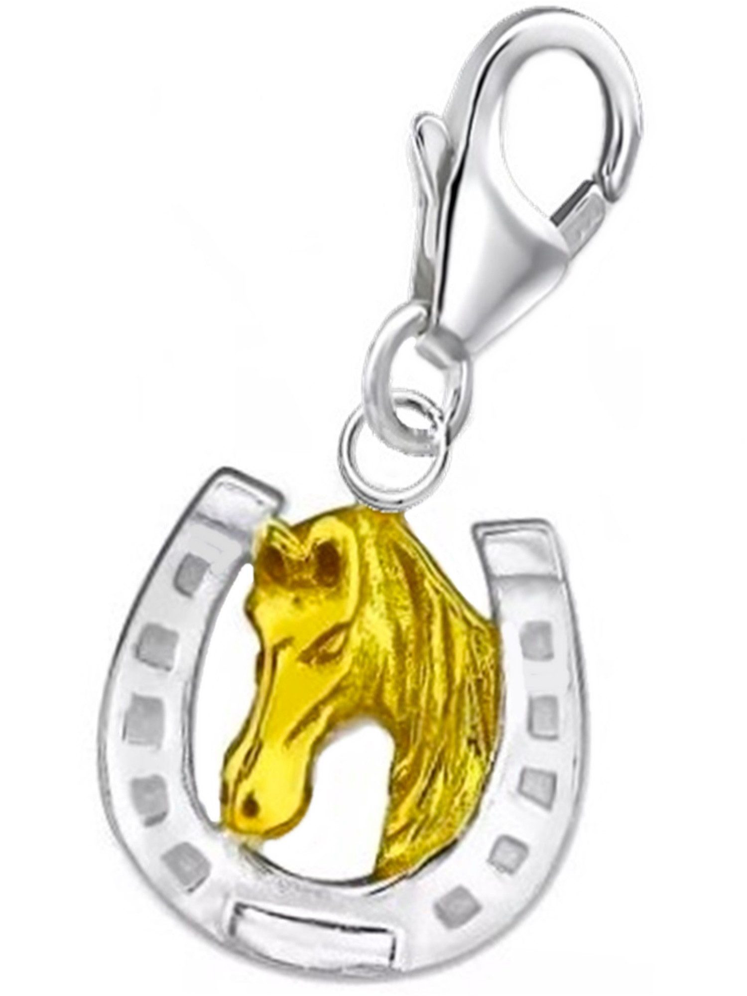 Goldene Hufeisen Charm-Einhänger Pferdeliebhaber Hufeisen Pferd Karabiner Anhänger, 10883, 925 Sterling Silber teilvergoldet Silberschmuck für Armband