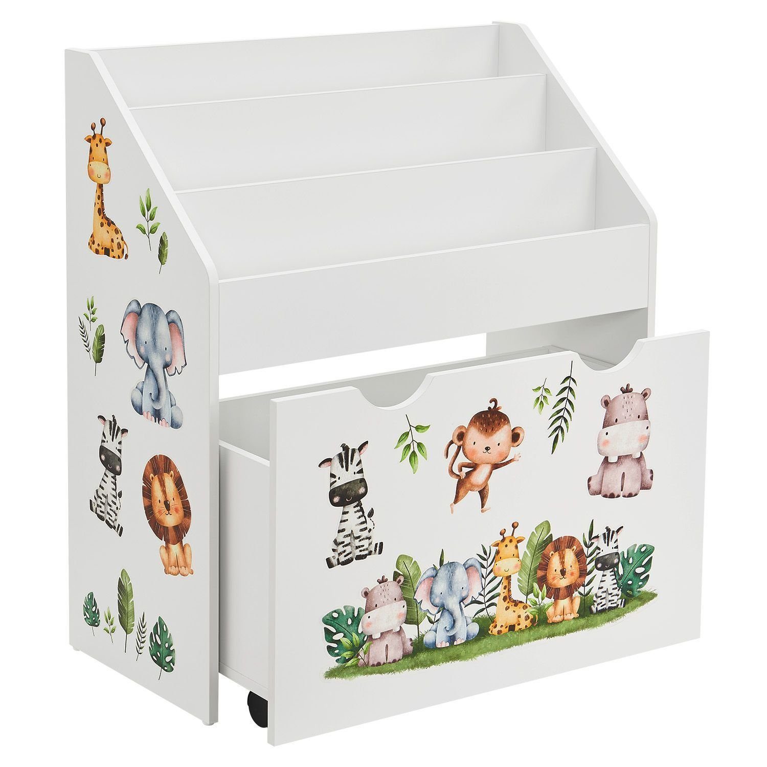Juskys Bücherregal Kinder Bücherregal, anbringbaren kindgerecht, Spielzeugkiste, Stickern Fächer, 3