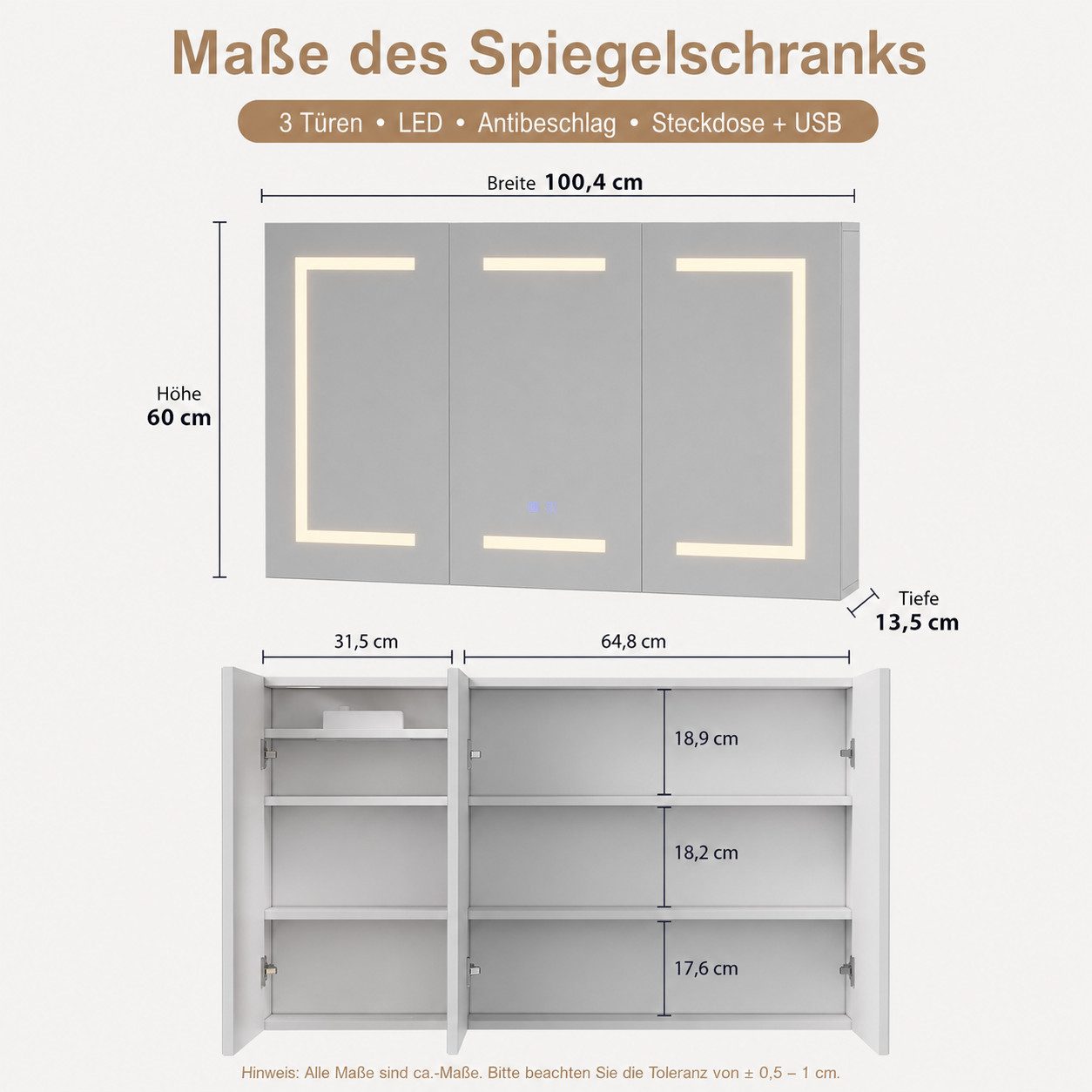 Simurq Badezimmerspiegelschrank Spiegelschrank 100cm mit 3 Spiegeltüren & LED, Anti-Beschlag. (Set, 1-St., Spiegelschrank) 3 Spiegeltüren, Breite 100 cm