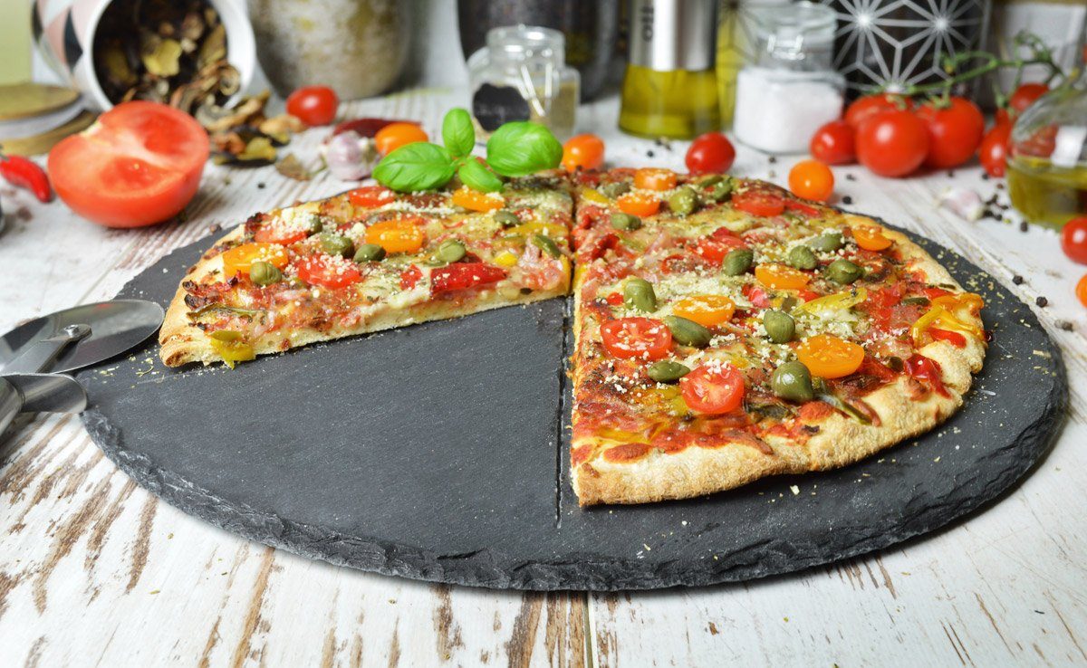 Sendez Pizzateller ø36cm aus Schiefer mit Pizzaschneider Pizzaschneidebrett Pizzabrett