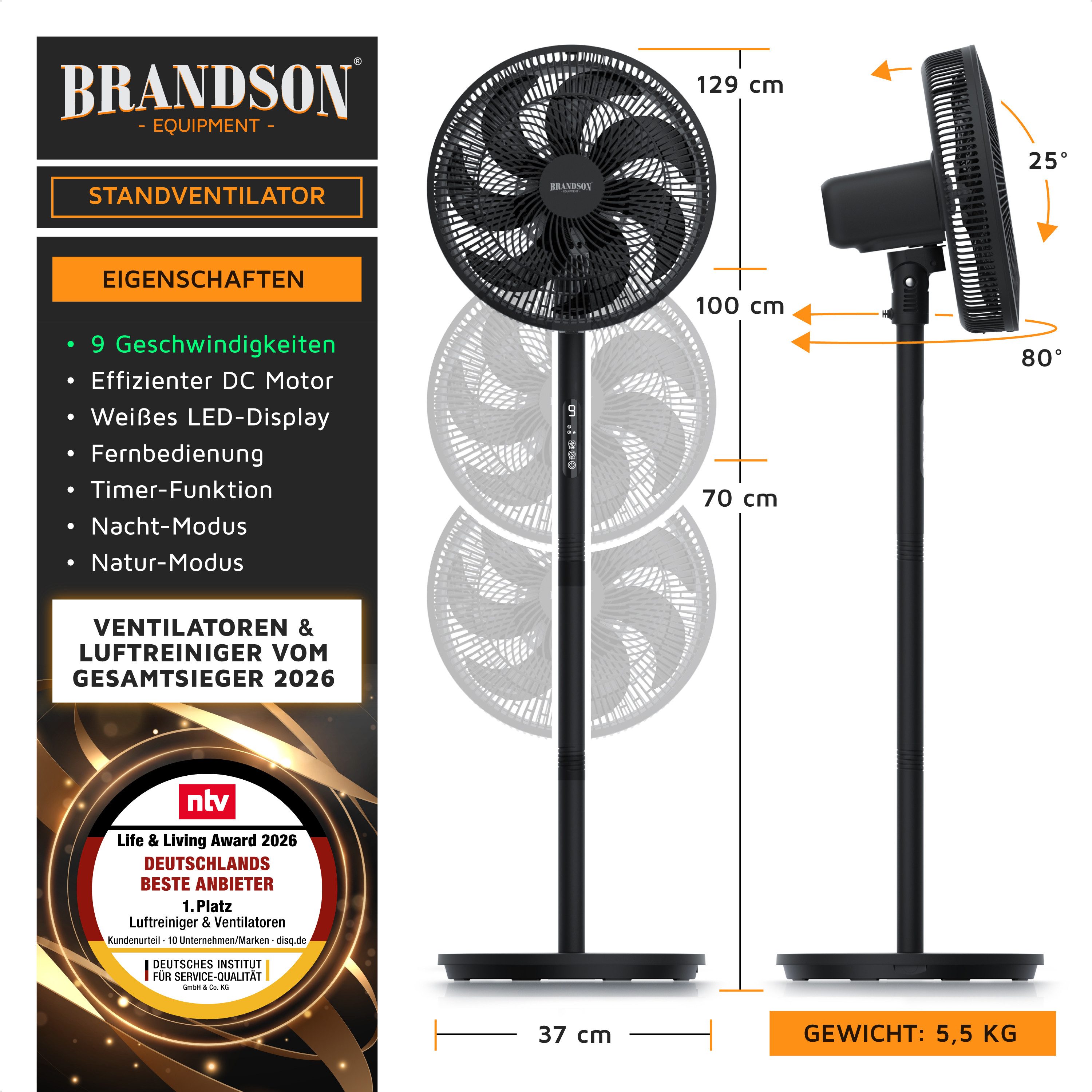 Brandson Standventilator DC, leise, energiesparend, Oszillation, Timer, Fernbedienung, 30 Watt, 39.8 cm Durchmesser, NTV Sieger 2026, 9 Geschwindigkeitsstufen, Lüfter, höhenverstellbar
