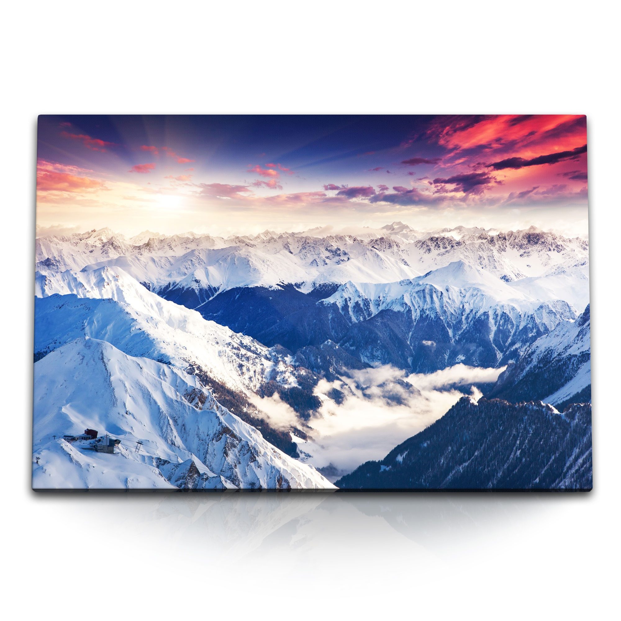 Leinwandbild 120x80cm Wandbild auf Leinwand Gebirge Berge Schnee Gipfel Sonnenunter