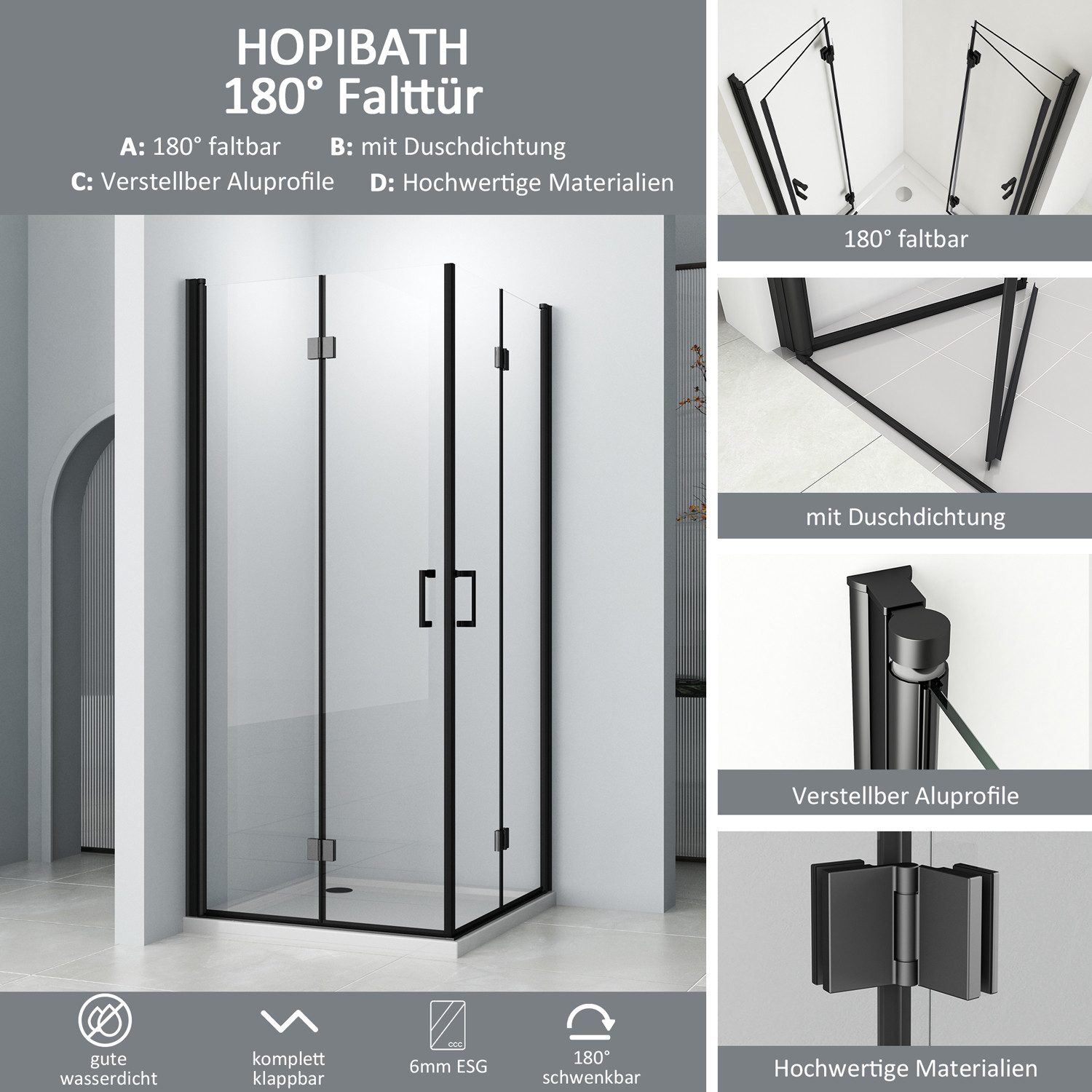 Hopibath Eckdusche Duschkabine Schwarz Chrom 100x90x195cm 90x100x195cm 180º faltbar, BxT: 100x90 cm, 5mm Nano Glas, Doppelt Falttür Eckeinstieg, (98,5,-99,5)x(88,5,-89,5)x195cm, mit Magnetverschluss, Alu-Bodenleiste, Duschdichtung