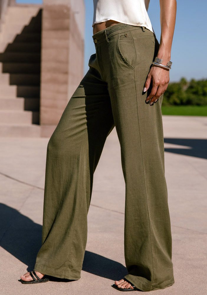 Freeman T. Porter Schlaghose Agatha Plain Linen martini olive sommerlich leichte Hose