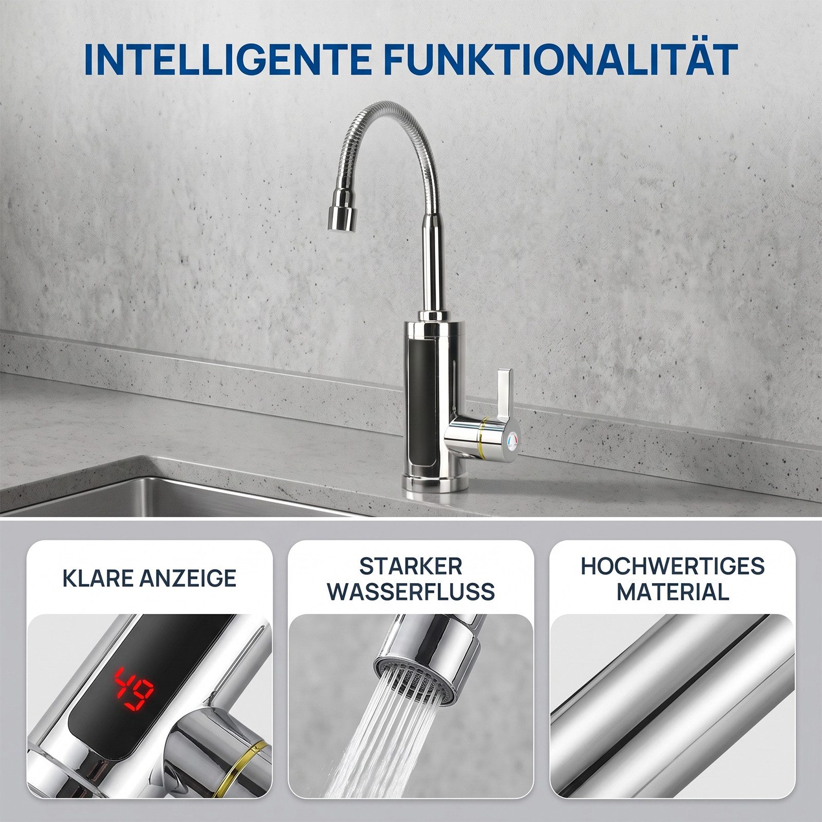 AKKEE Küchenarmatur Elektrischer Wasserhahn mit Durchlauferhitzer 360° Drehbarer LED Edelstahl Wasserhahn Küche LED Temperaturanzeige, Schnelles Aufheizen – Bild 4 von 5