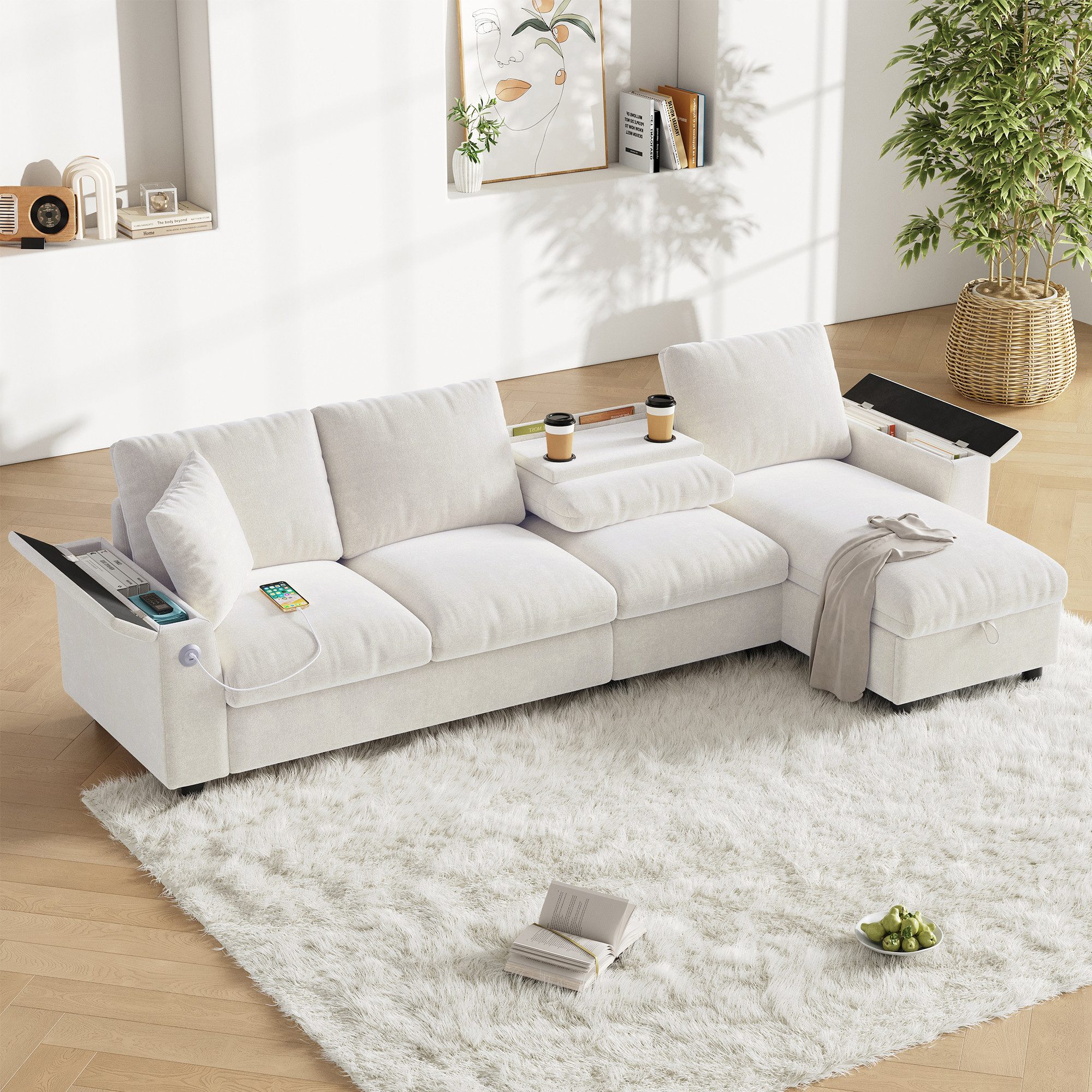 Flieks Ecksofa mit 1 USB und 1 Typ-C, Links und rechts austauschbar, 4-Sitzer, L-förmig Chenille-Stoffsofa mit Bettkasten & 2 Zierkissen grau