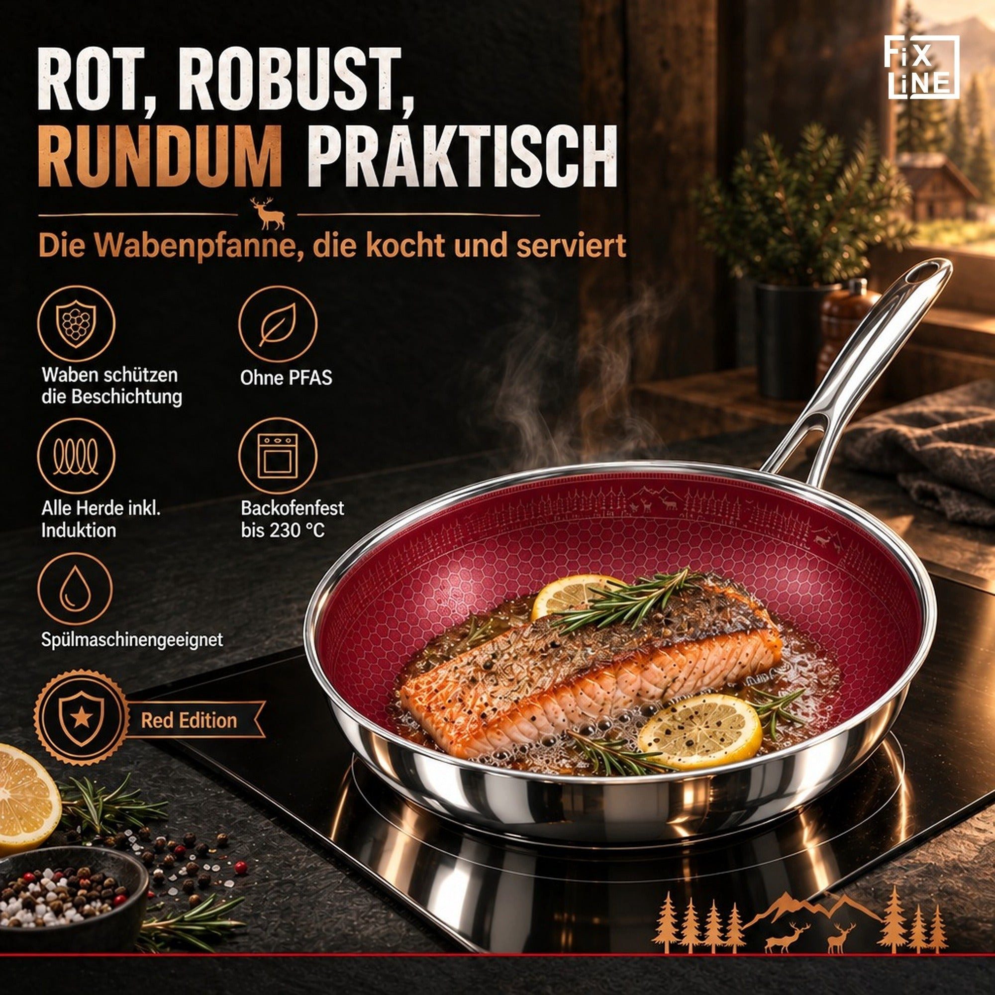 FIXLINE Bratpfanne 28cm BLACK FOREST Edition Kratzfeste Beschichtung Induktion, Edelstahl (Wabenboden, Pfanne), Perfekte Geschenidee – Bild 2 von 5