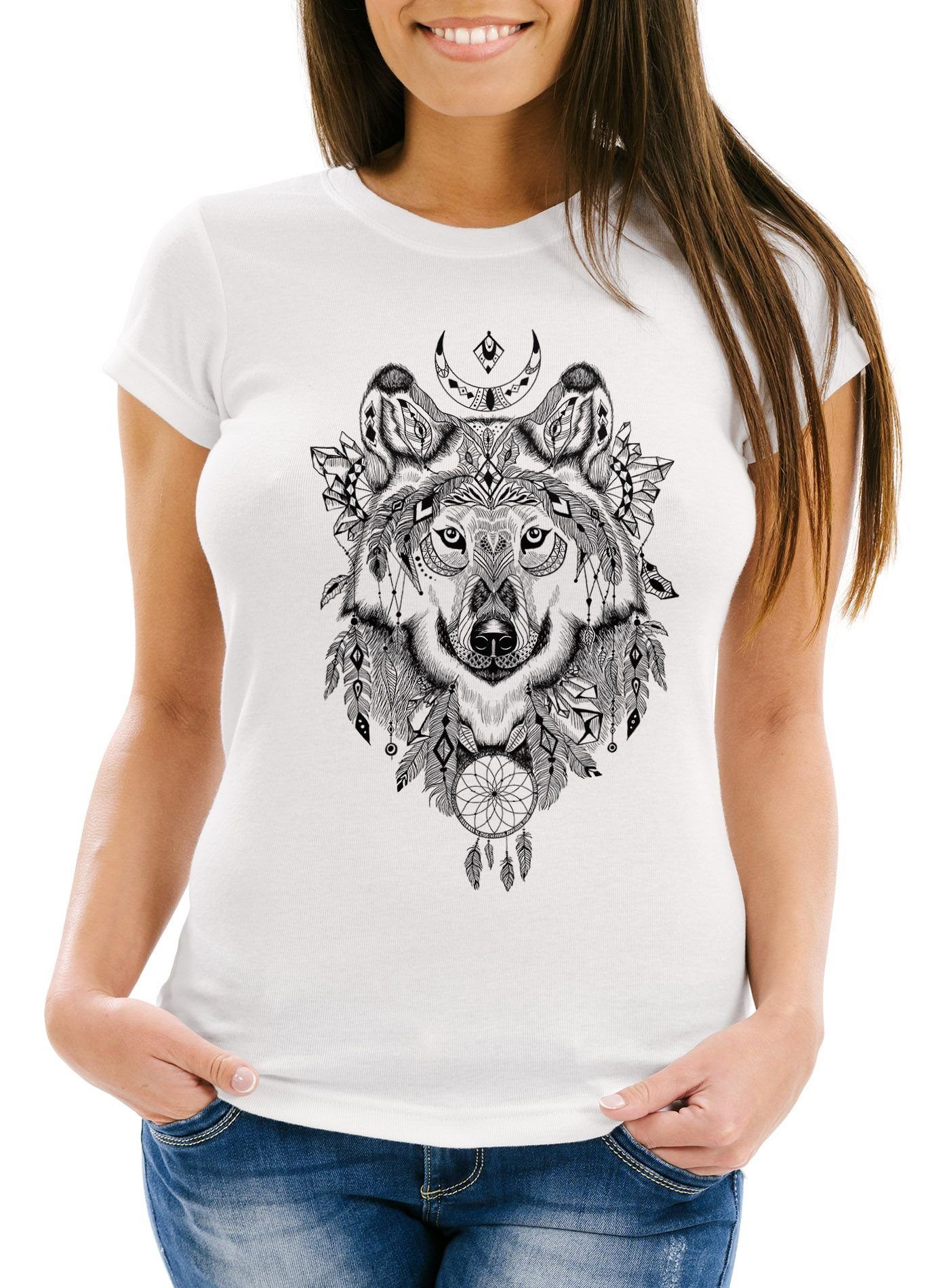 Neverless Print-Shirt Damen T-Shirt Wolf Traumfänger Atzekenmuster Boho Atzec Ethno mit Print