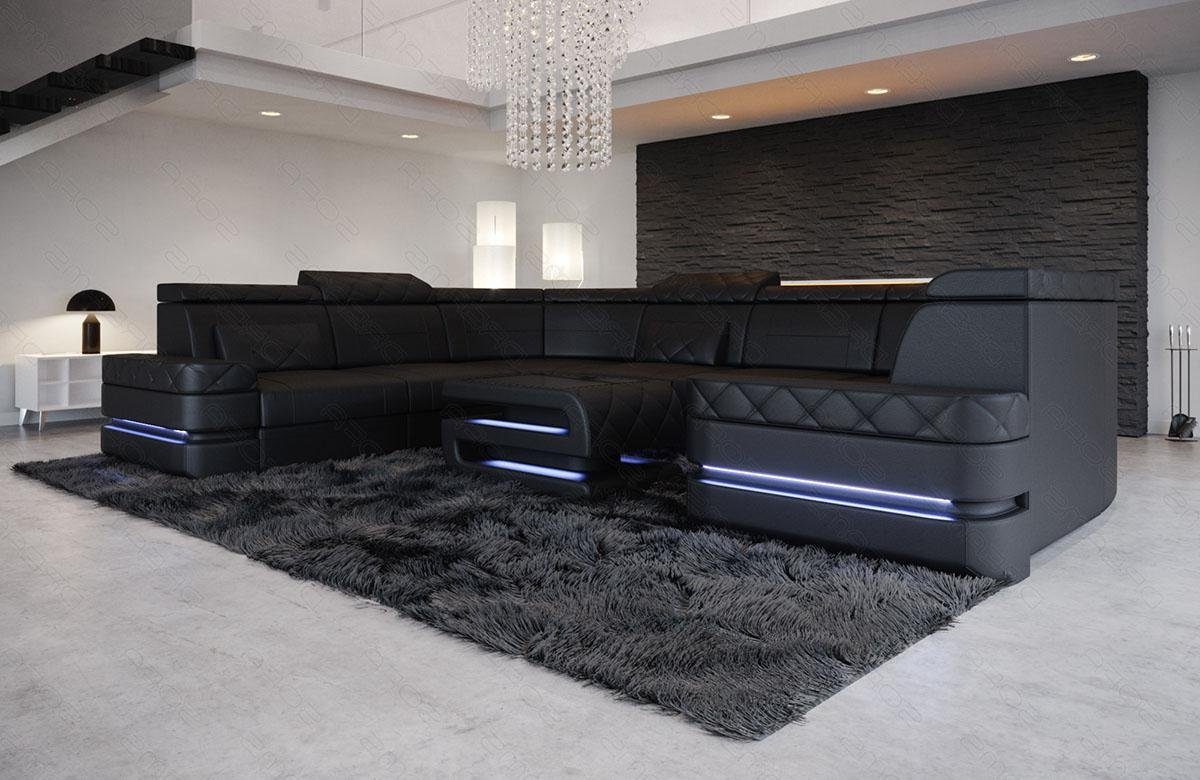 Sofa Wohnlandschaft Sofa Leder Couch Form Positano Dreams LED, Ledersofa mit Stauraum, U Designersofa mit Ledercouch,