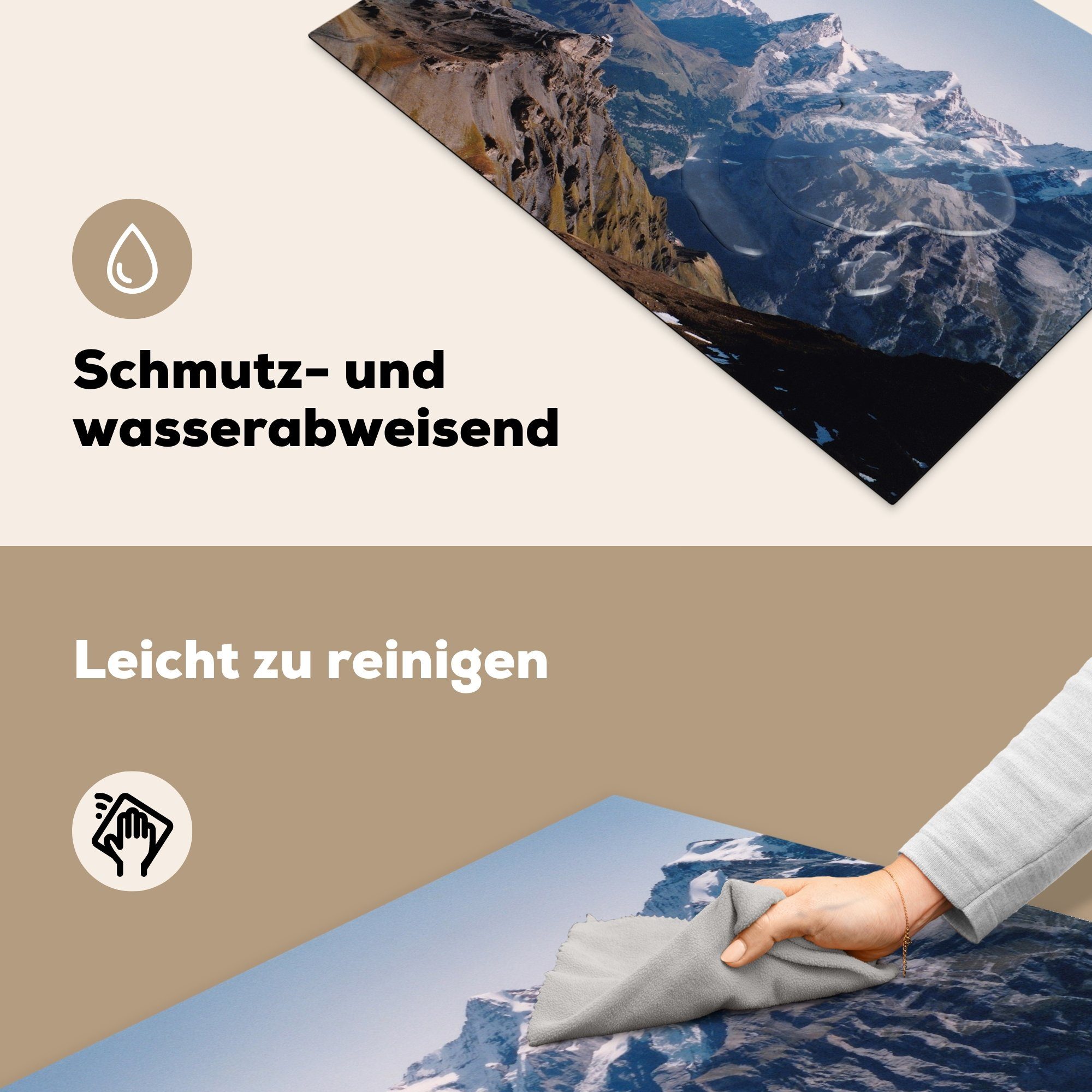 die 81x52 für Alpen Schutz Schweiz, Gipfel Herdblende-/Abdeckplatte Berner cm, Vinyl, die der Schilthorns Induktionskochfeld Ceranfeldabdeckung küche, vom Blick in tlg), auf MuchoWow des (1