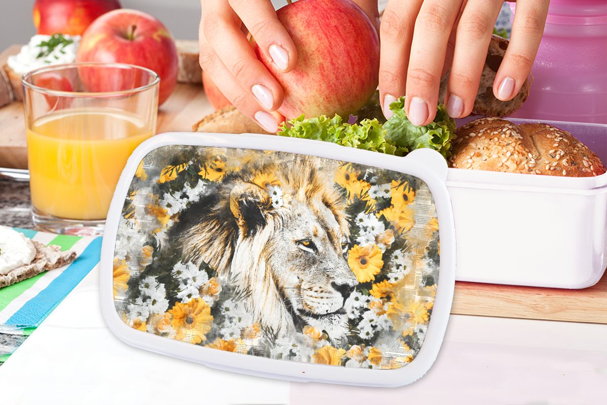 MuchoWow Lunchbox Löwe - Erwachsene, (2-tlg), Mädchen Jungs Blumen - - Weiß, und Brotbox für Kunststoff, Schwarz Brotdose, Kinder und für