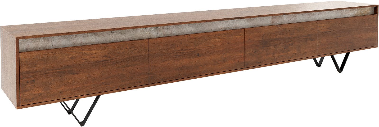 DELIFE Lowboard Stonegrace, Akazie Braun Schiefer 240 cm 4 Türen V-Fuß Schwarz Lowboard