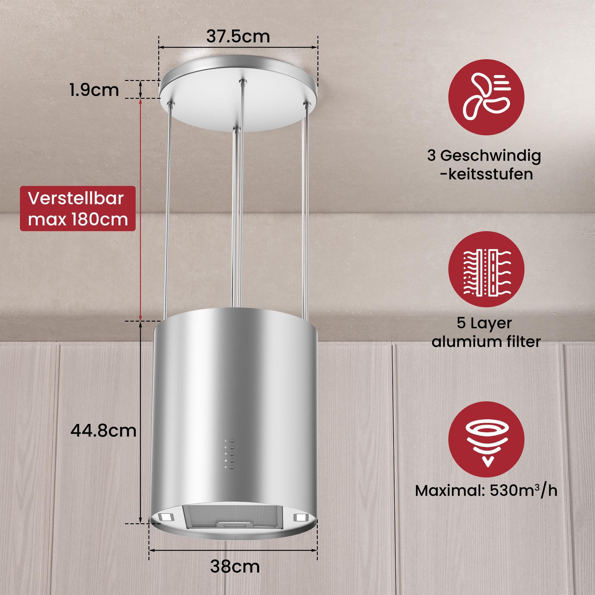 Levivo Inselhaube A+ Dunstabzugshaube Umluft Freihängend mit 530 m³/h Luftleistung Aktivkohlefiltern, Fettfiltern, LED-Beleuchtung – Bild 5 von 5