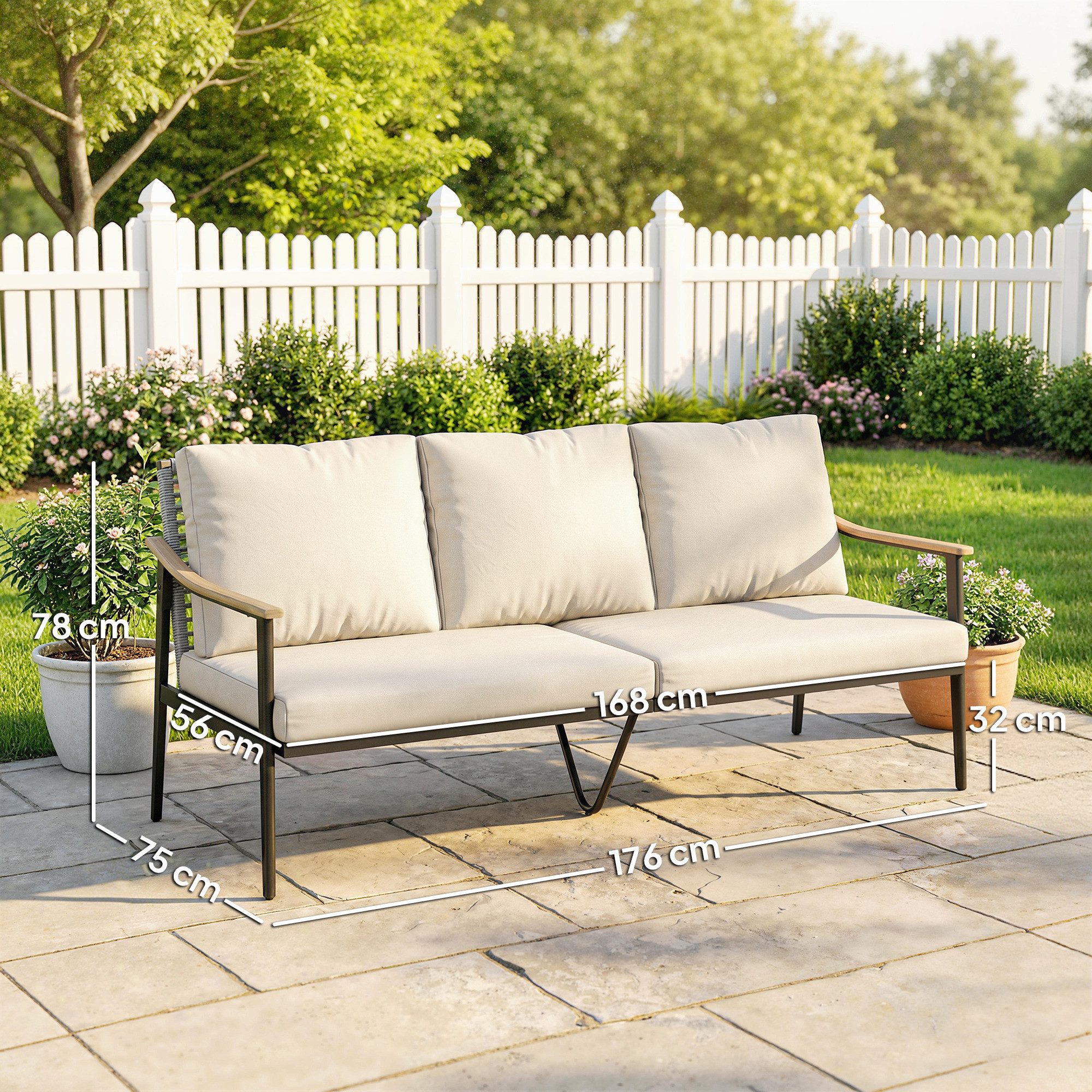 Outsunny Gartensofa mit abnehmbar Kissen, Holzoptik-Armlehnen, Stahlrahmen, Gartenbank 1 Teile, für Garten Terrasse Khaki