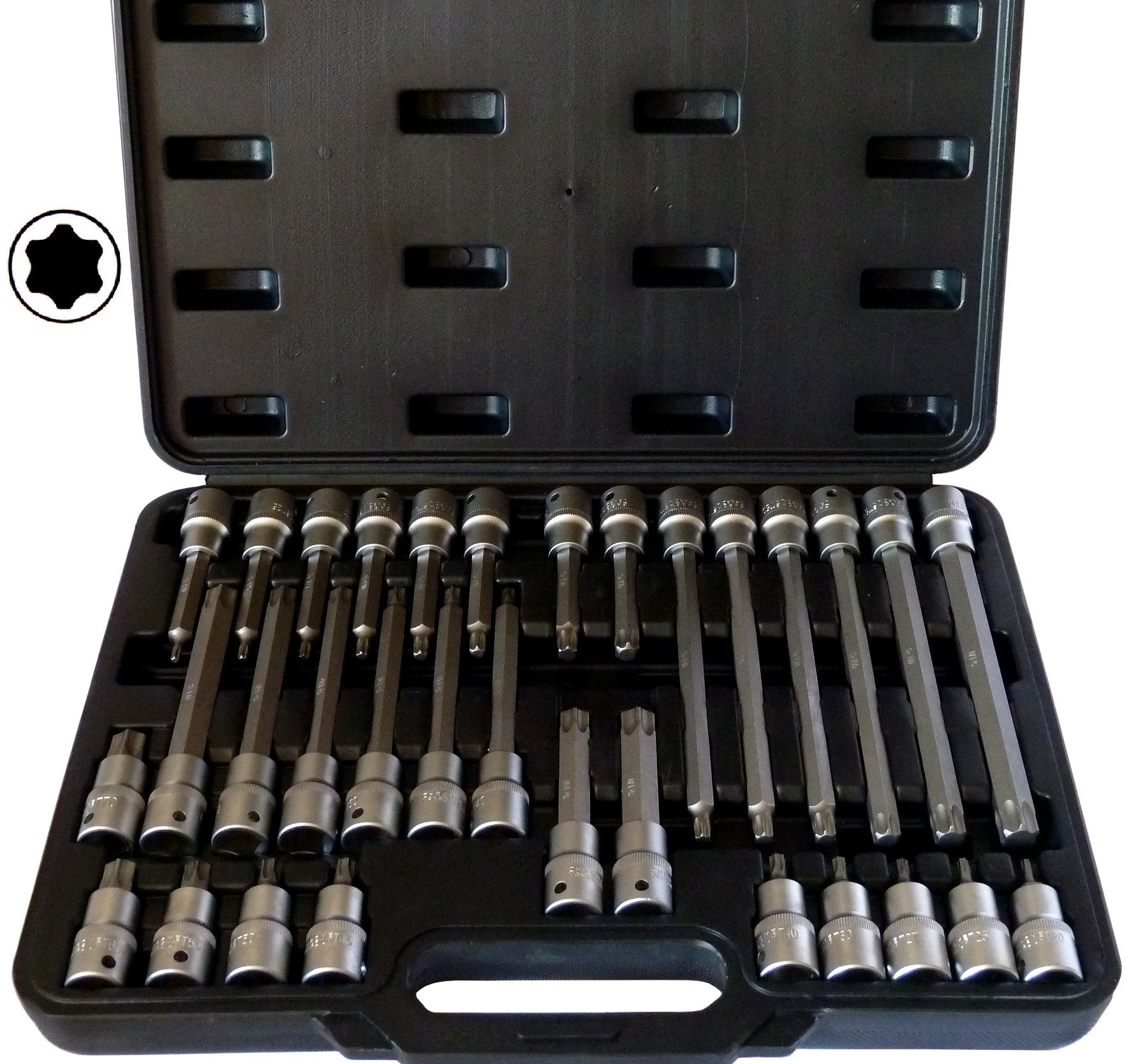PeTools Bit- und Steckschlüsselset 32tlg Innen-Torx Steckschlüsseleinsätze T20-T70, Bitsatz, S2 Stahl, 32-St.