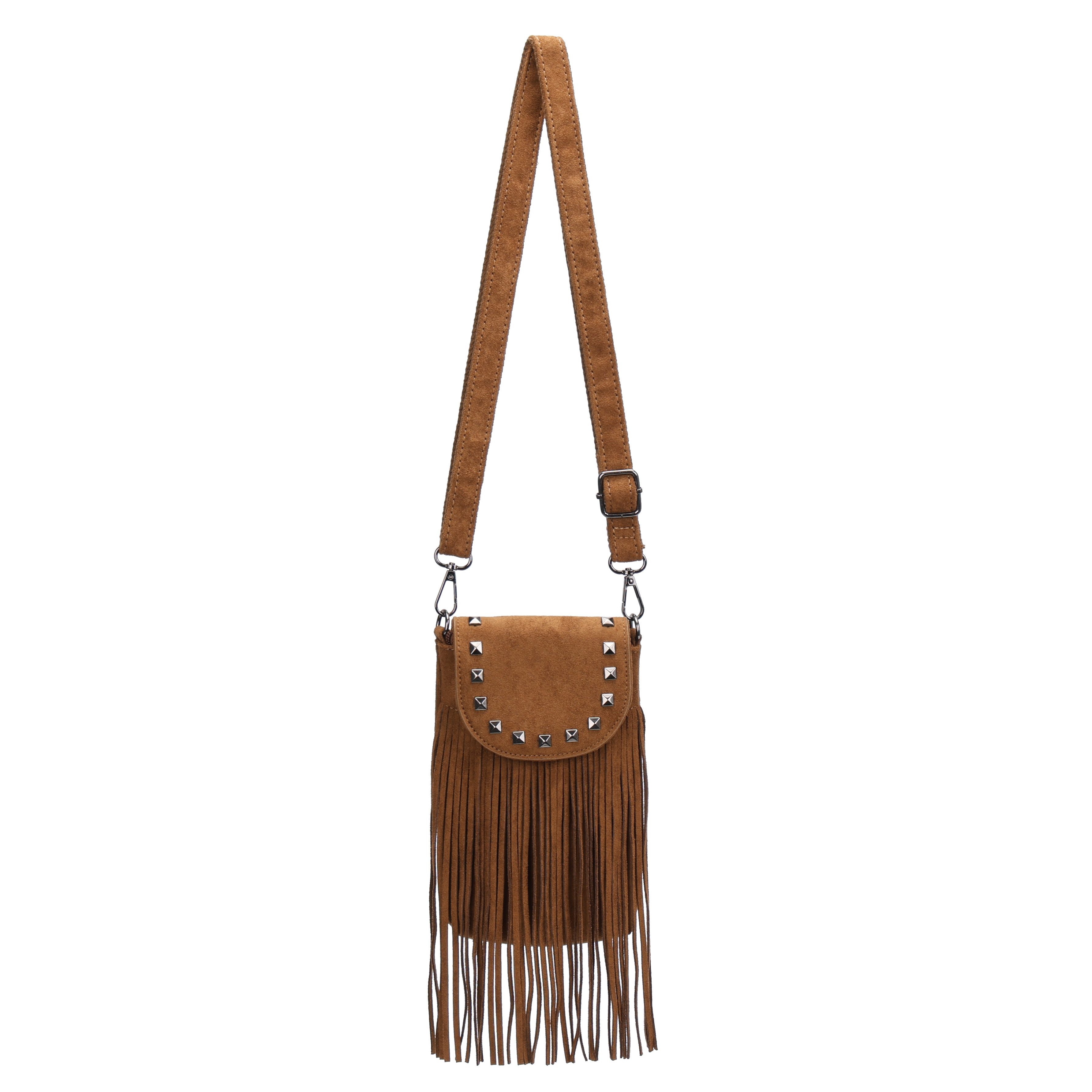 MIRROSI Umhängetasche Damen Handytasche Wildleder-Optik mit Fransen und Nieten (Kleine Crossbody bag, verstellbarer Schulterriemen, ca. 13 x 2 x 21 cm), Kleine Tasche, Schultertasche für jeden Anlass
