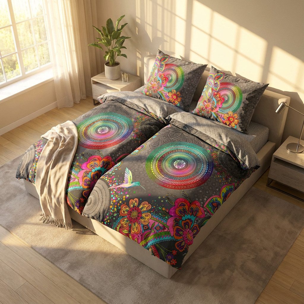 Traumschloss Bettwäsche Comfort Baumwolle, Flanell, 2 teilig, bunte Mandalas auf grauem Hintergrund