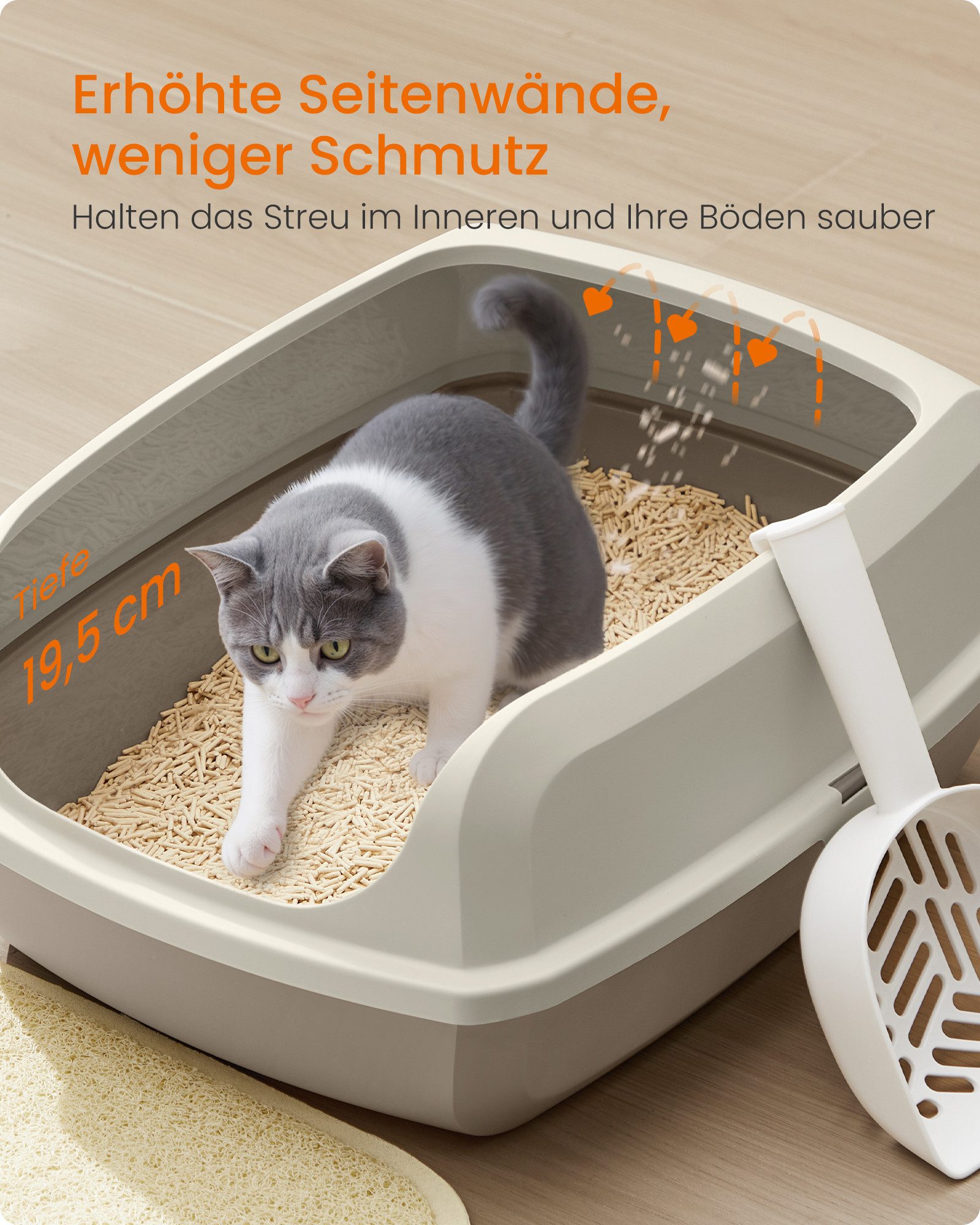FEANDREA Katzentoilette Katzenklo, offene Katzentoilette, für Kätzchen und große Katzen, mit hohen Seitenwänden, XL, mit Schaufel, 50,5 x 37,5 x 19,5 cm