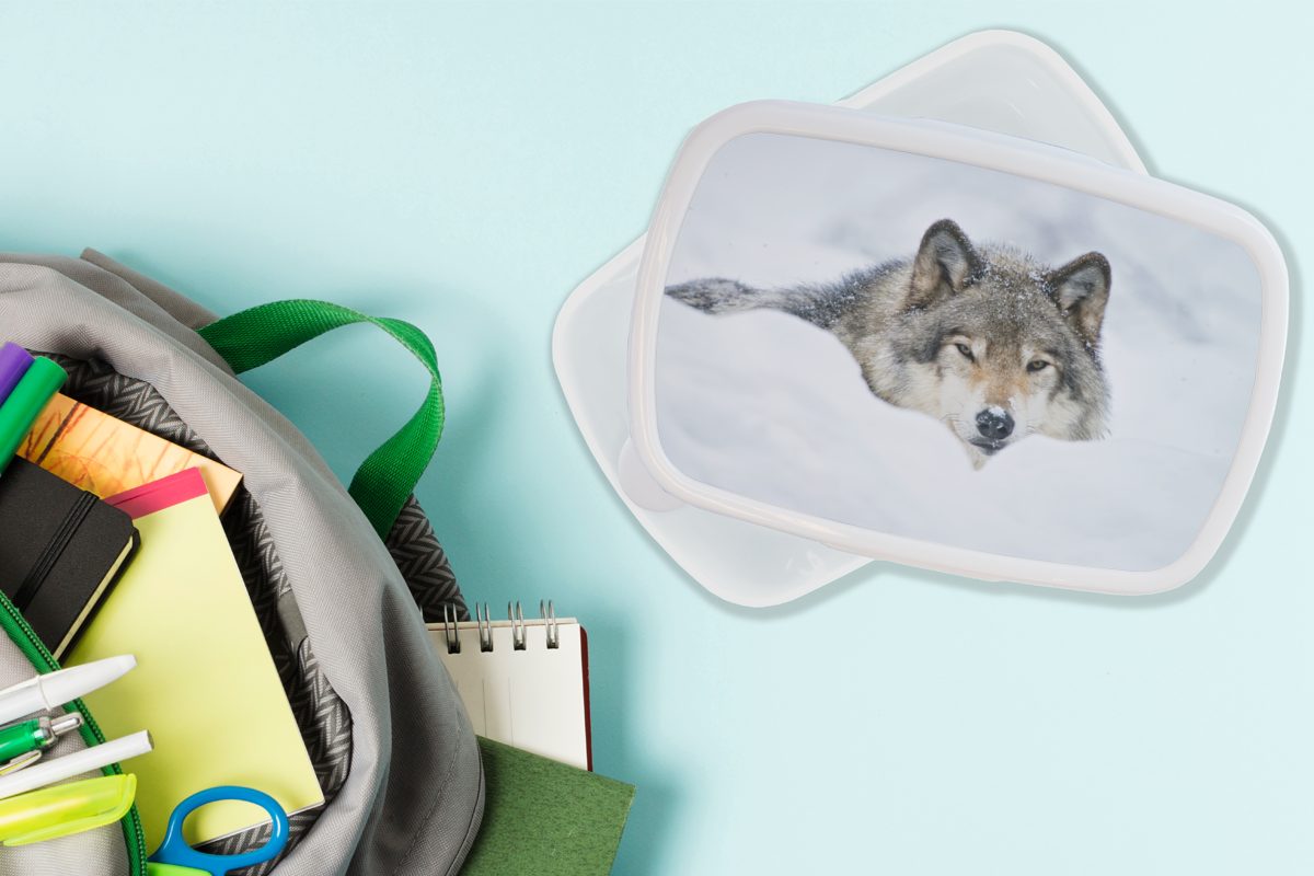 MuchoWow Brotbox Schnee Mantel, und Erwachsene, für Wolf Mädchen weiß Kunststoff, Brotdose, - für - und (2-tlg), Kinder Jungs Lunchbox