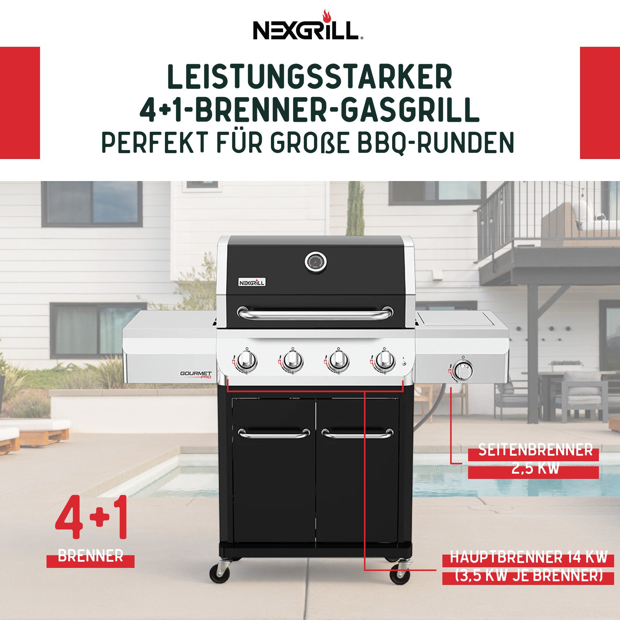 nexgrill Gasgrill 4B Gourmet Pro 4 + 1 Brenner, Seitenkochfeld & Gusseisen Plancha, 16,5KW, Gourmet Pro, Aufbaumaß: 134x56x121 cm
