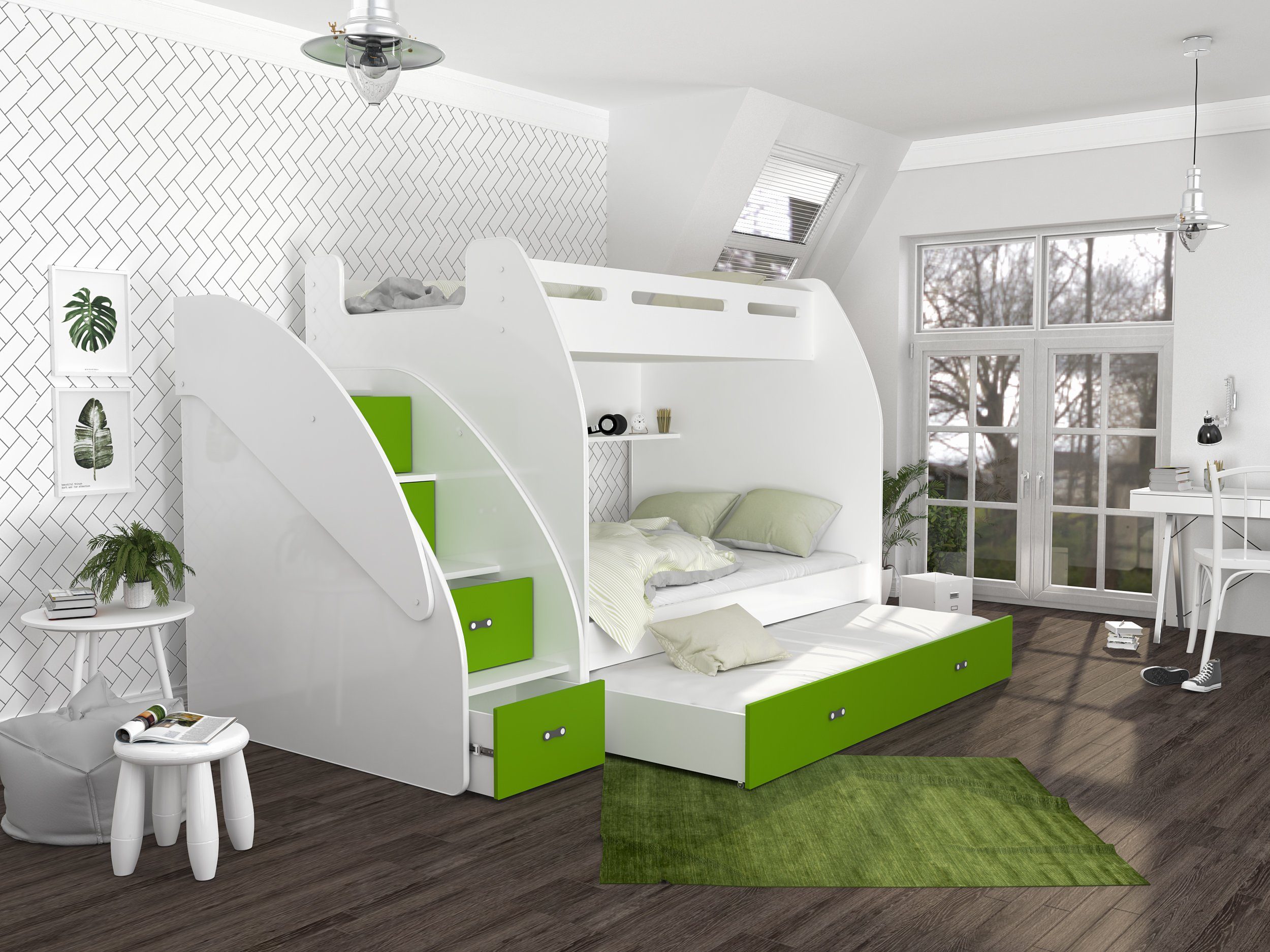 Unique Home Hochbett Kinderbett, Hochbett ZU mit Matratze für 3 Kinder,Farbe wählbar Weiß/Grün | Hochbetten