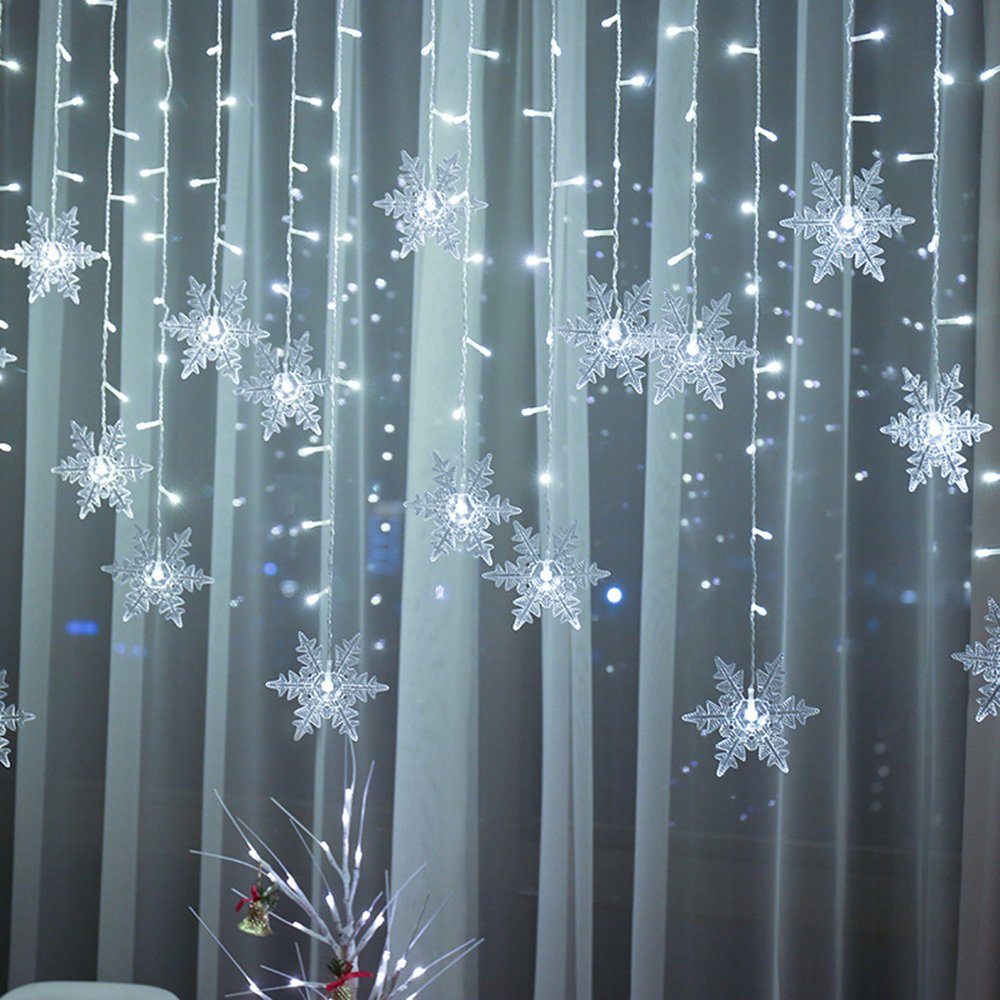 Sunicol LED-Lichterkette LED Lichtervorhang Lichterkette, Schneeflocke Weihnachtendeko, 8 Modi,wasserdicht,Timer Weiß