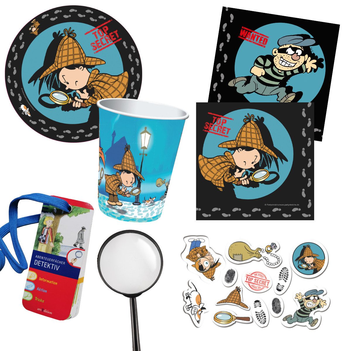 Partystrolche Kindergeschirr-Set Detektiv Flo Partyset "Sherlock" - Detektivparty 74 tlg., 8 Personen, Partyset für 8 Persosen