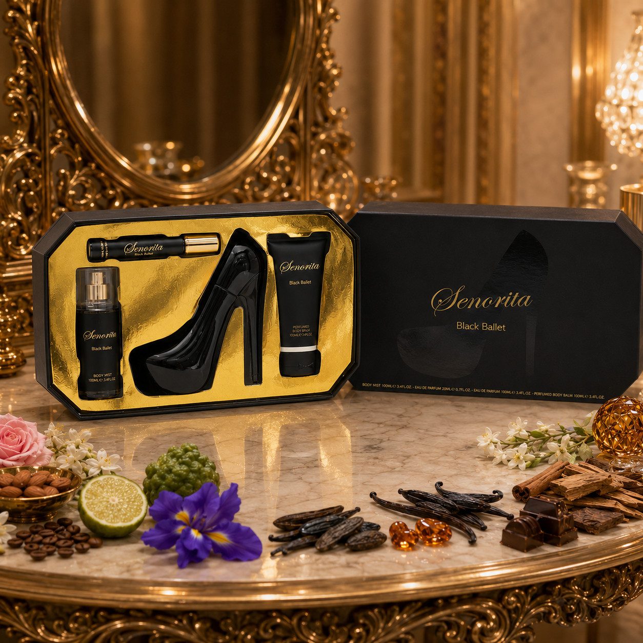 Fine Perfumery London Pflege-Geschenkset Senorita Black Ballet 4-tlg. Geschenkset Inspiriert von F* Fabulous, 4-tlg., Angenehmer Duft, perfekt als Geschenk, attraktive Verpackung