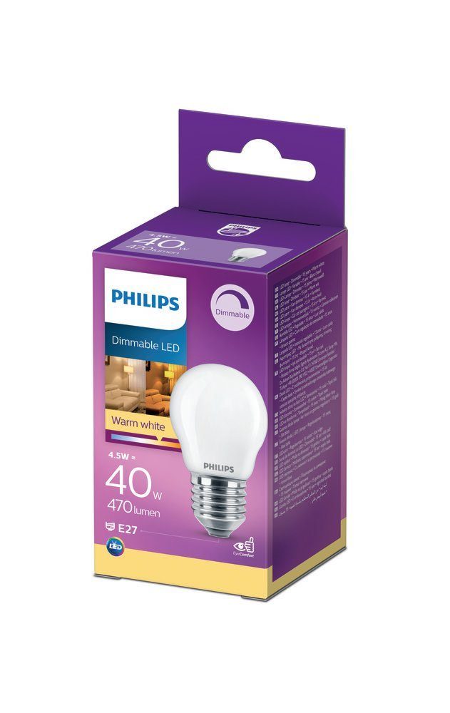 LED-Leuchtmittel Philips G45 Tropfen 40W 4,5W dimmbar 230V Philips E27 LED DIMMBAR, 2700K E27, = Warmweiß Warmweiß,