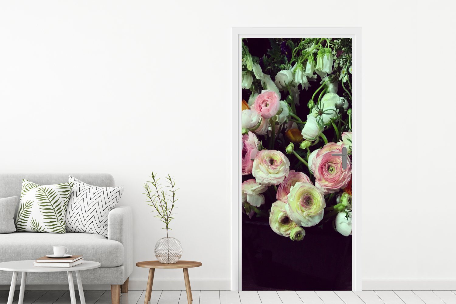 MuchoWow Türtapete Hintergrund, Matt, Türaufkleber, Pastellfarbene Tür, cm Fototapete Blumen für bedruckt, schwarzem (1 St), 75x205 auf